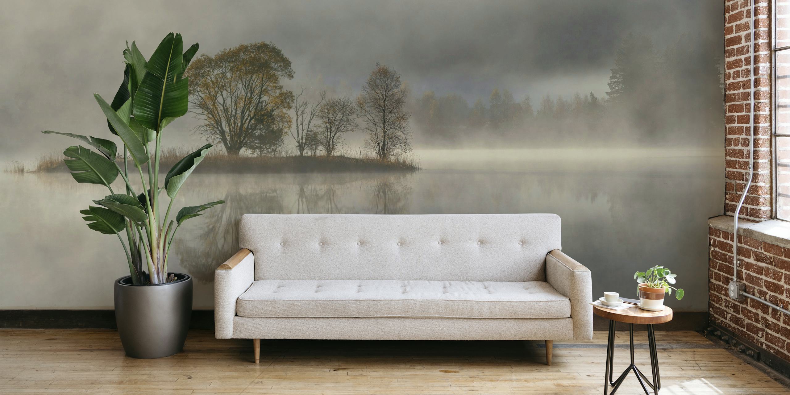 October morning wall mural with misty lakeside scene and a solitary tree