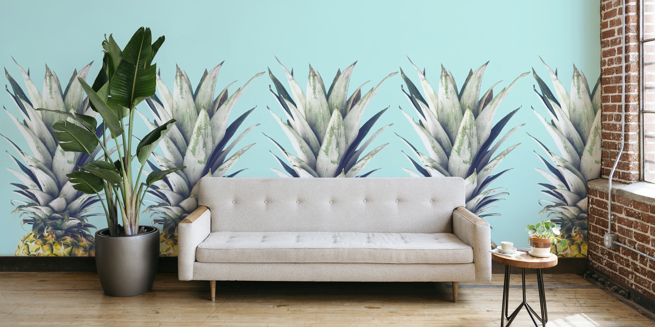 Stiliserede ananas på et pastelblåt baggrundsvægmaleri