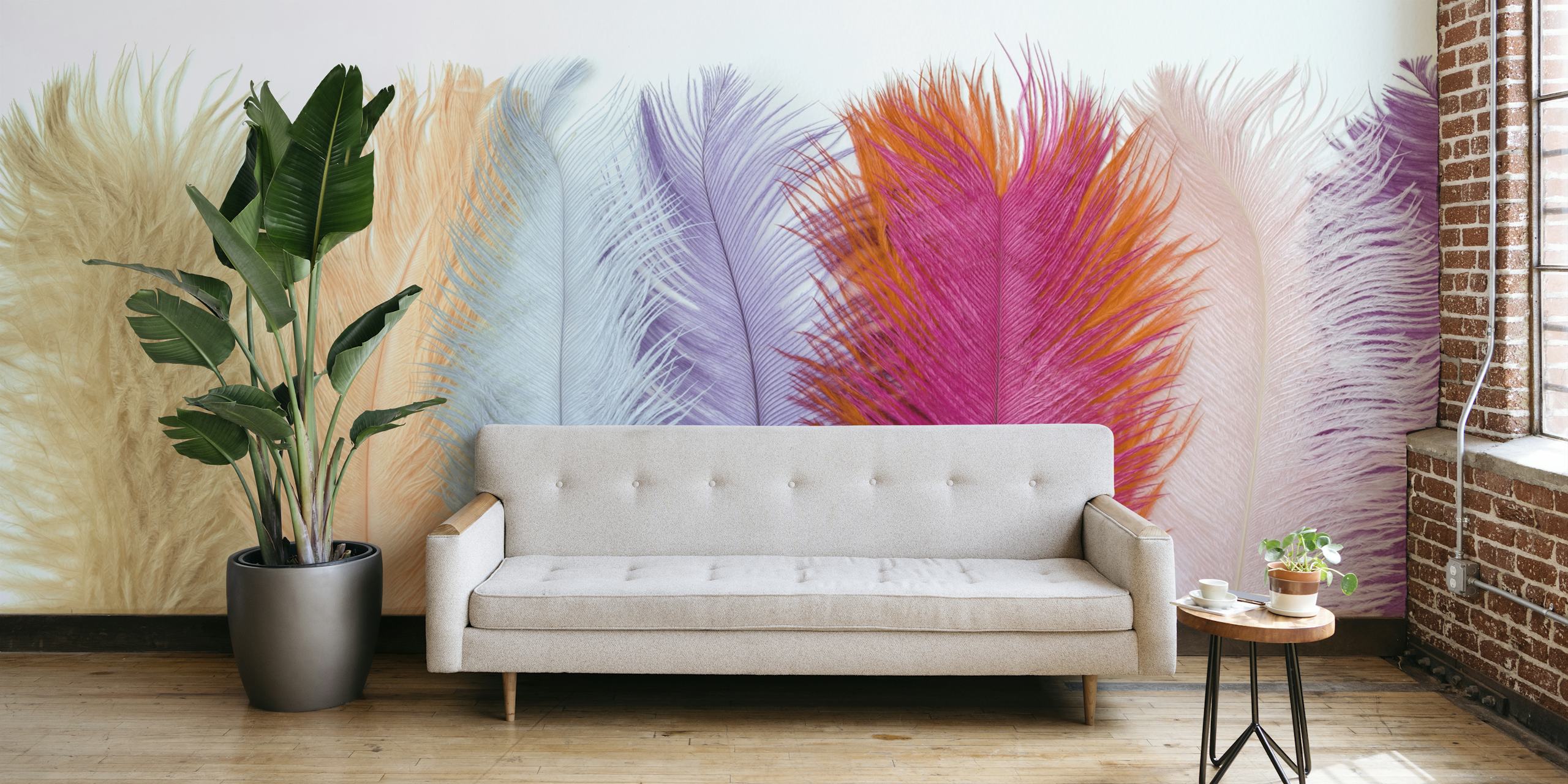 Pastel feather tapet i ett rum