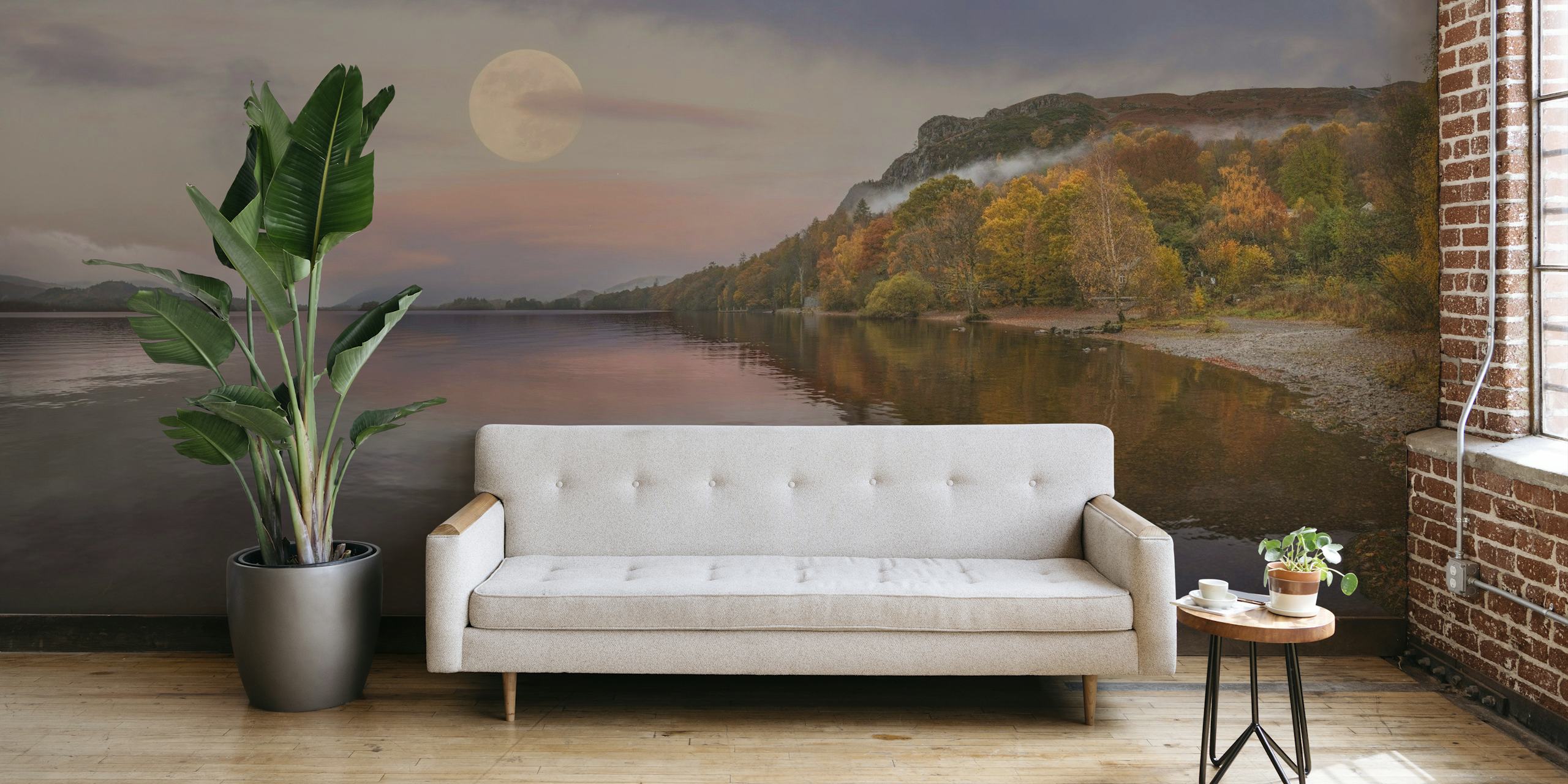 Serene Derwentwater Lake muurschildering met maanverlichte lucht en herfstreflecties