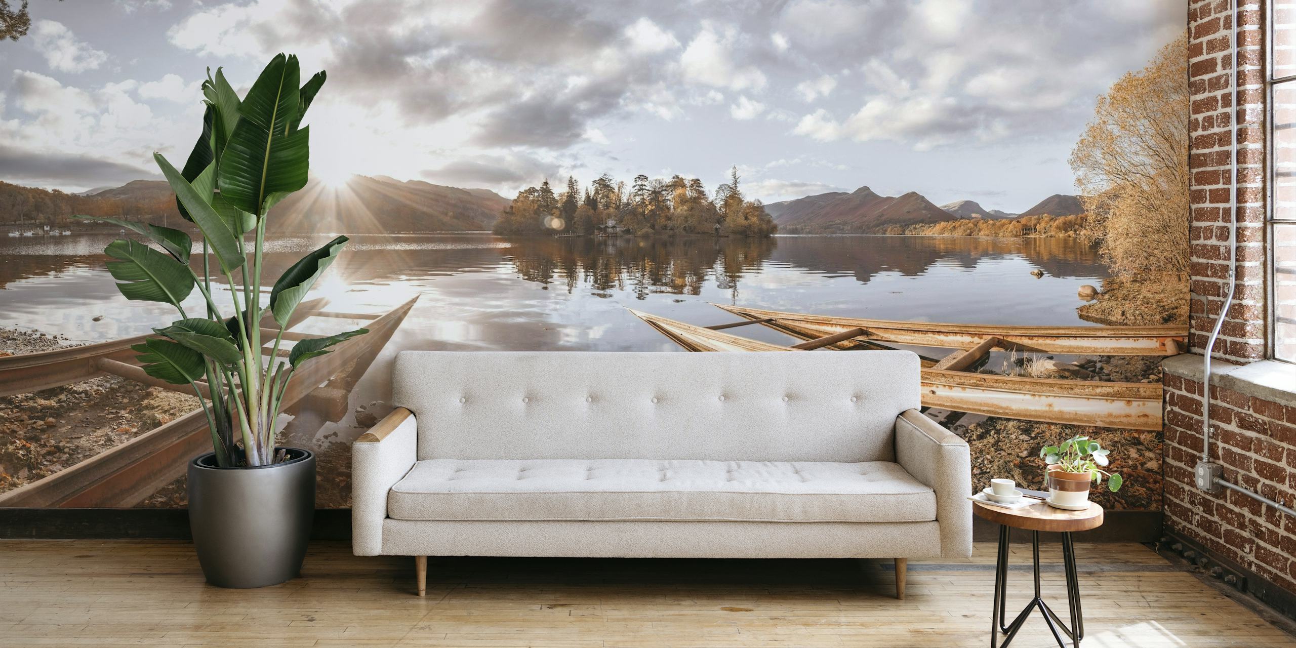 Sunrise wall mural over a calm lake with a wooden pier