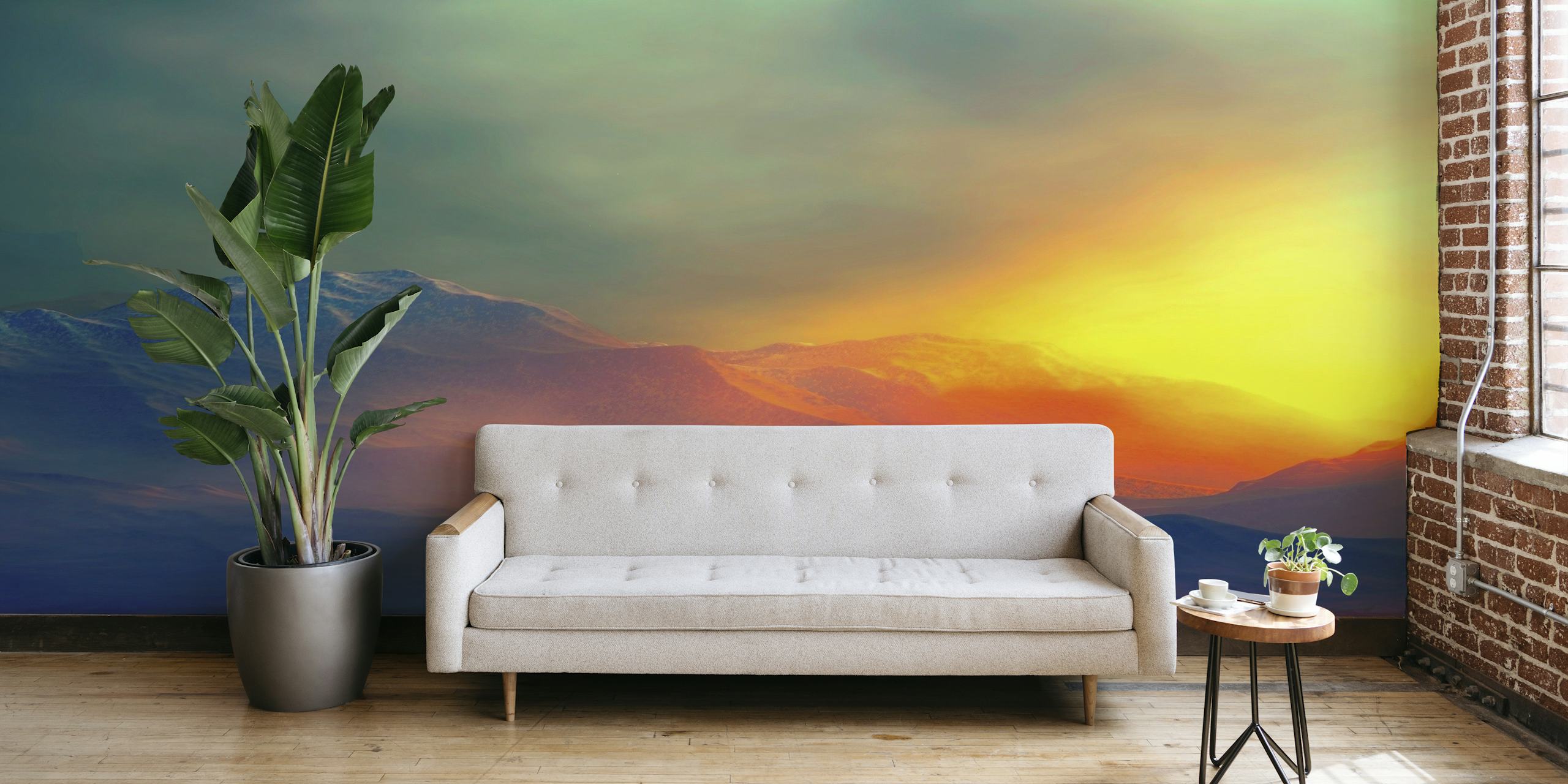 Wall mural featuring mountains bathed in the warm glow of sunset with vivid oranges and cool purples blending on the horizon