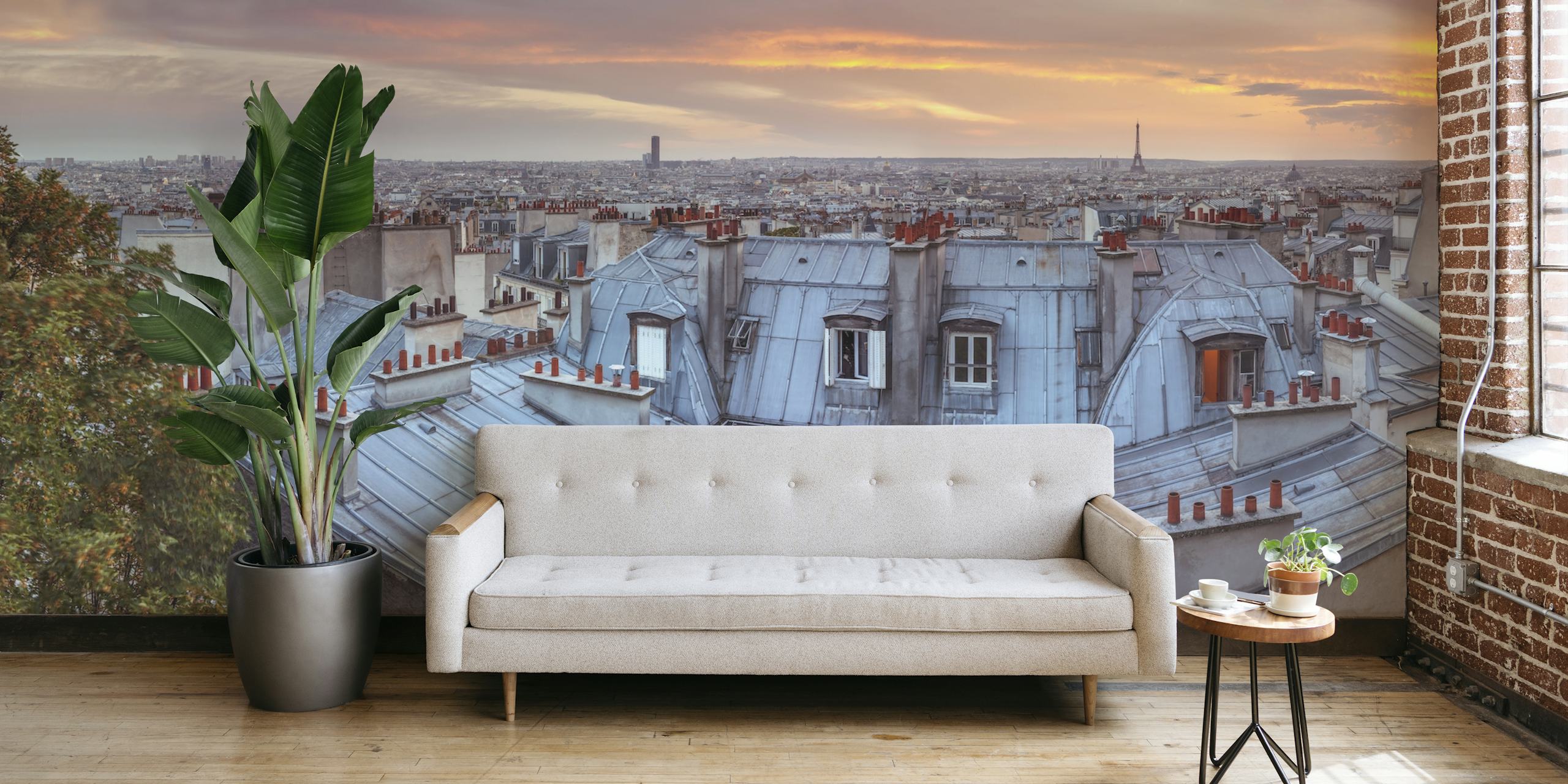 Cityscape of Paris rooftops at sunset wallpaper