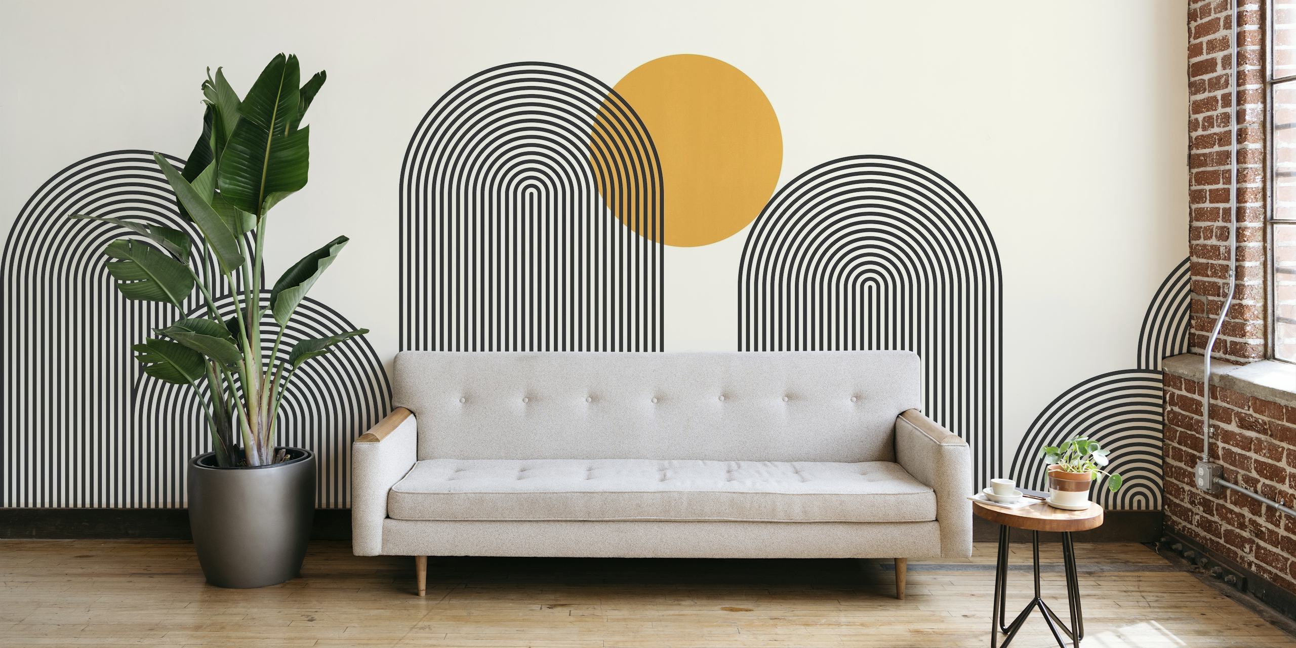 Abstrakte Fototapete mit Gebirgskette, geometrischen Linien und Kreisen in einem Pastellfarbschema