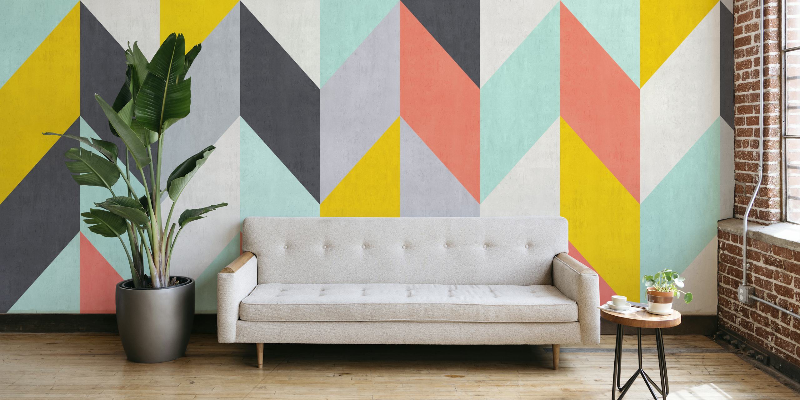 Colorful geometric pattern with yellow, pink, and teal shapes wallpaper
