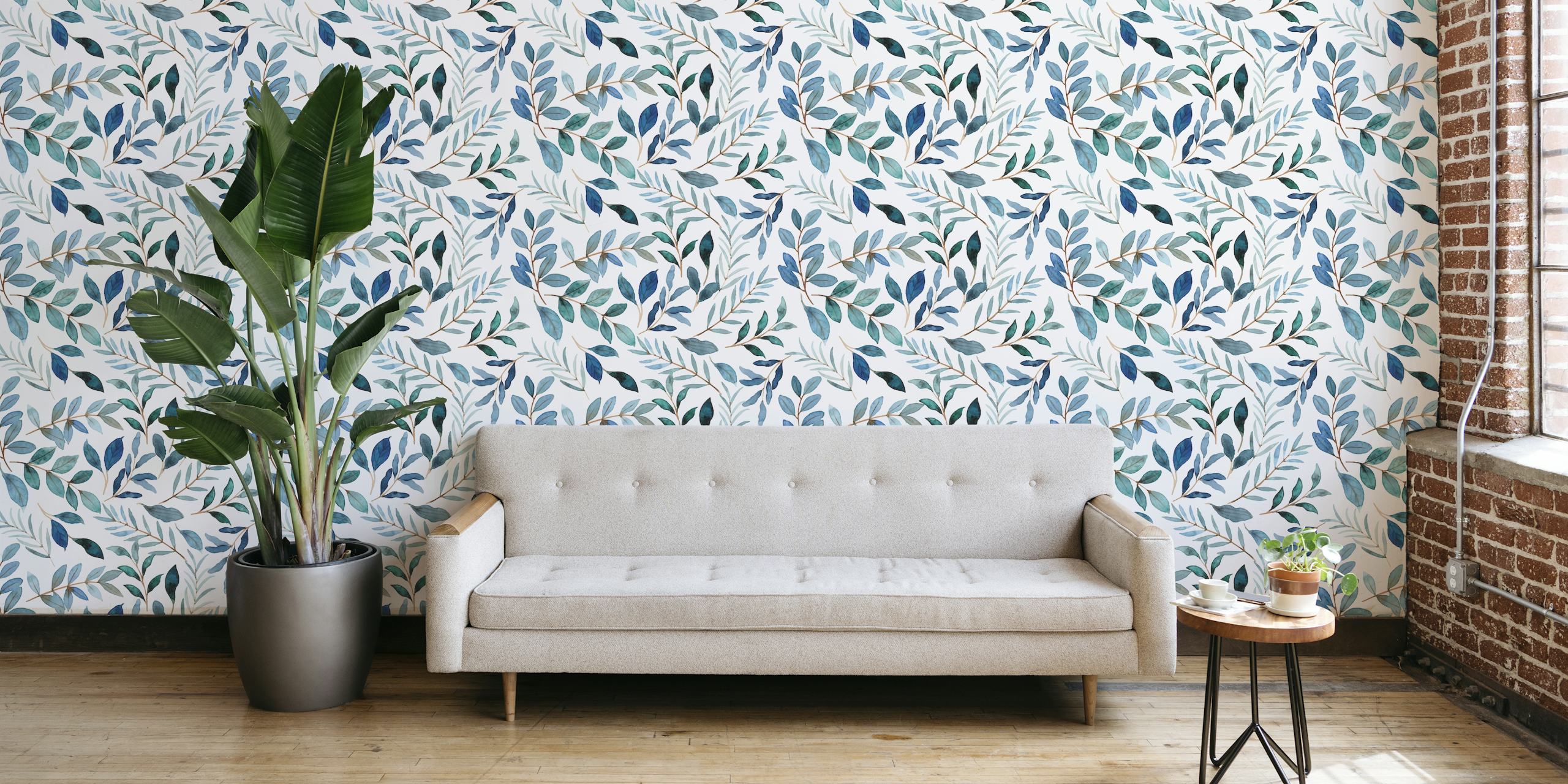 Botanical leaf pattern in blue and green on white wallpaper