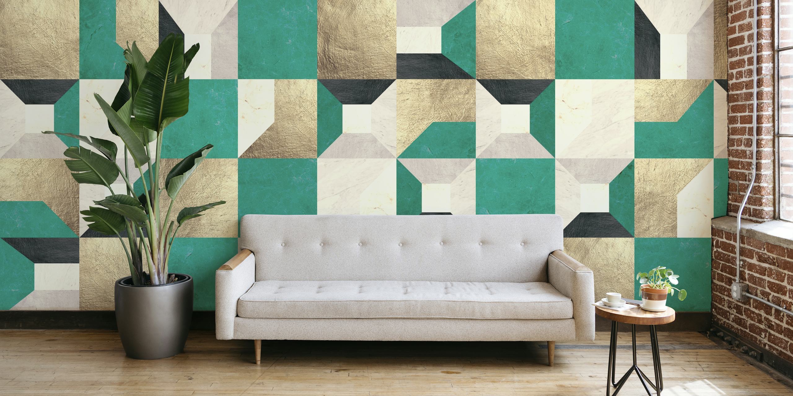 Gold and green geometric square pattern wall mural