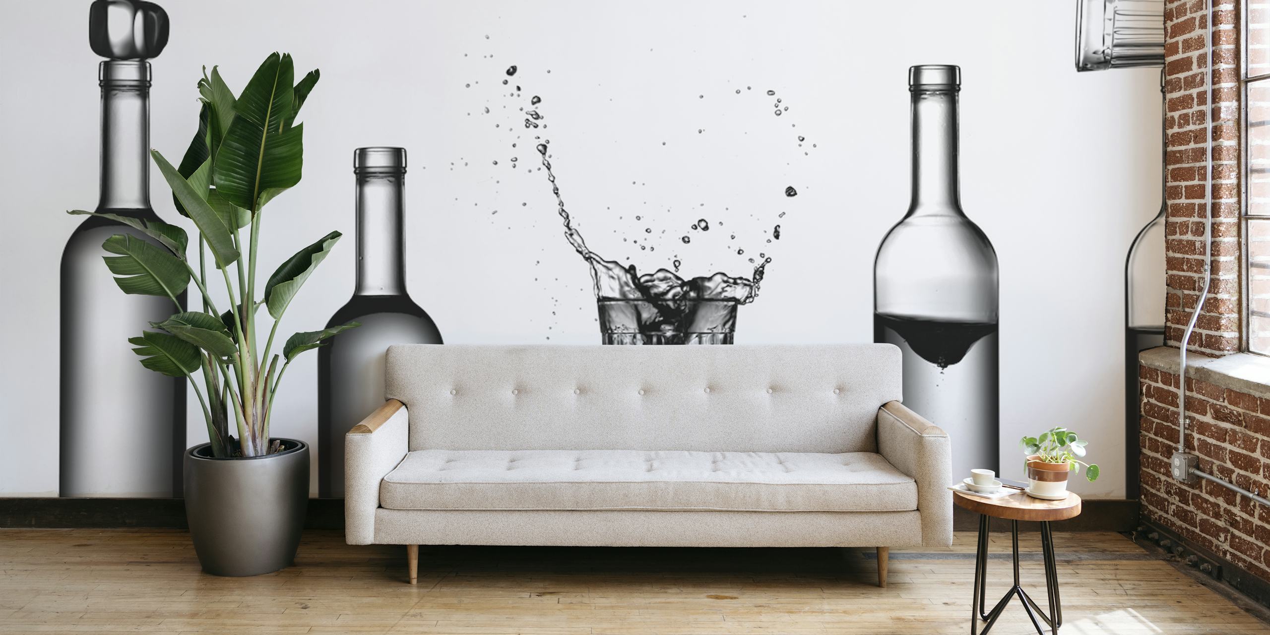Transparent bottles with splashing water on a gray background wallpaper