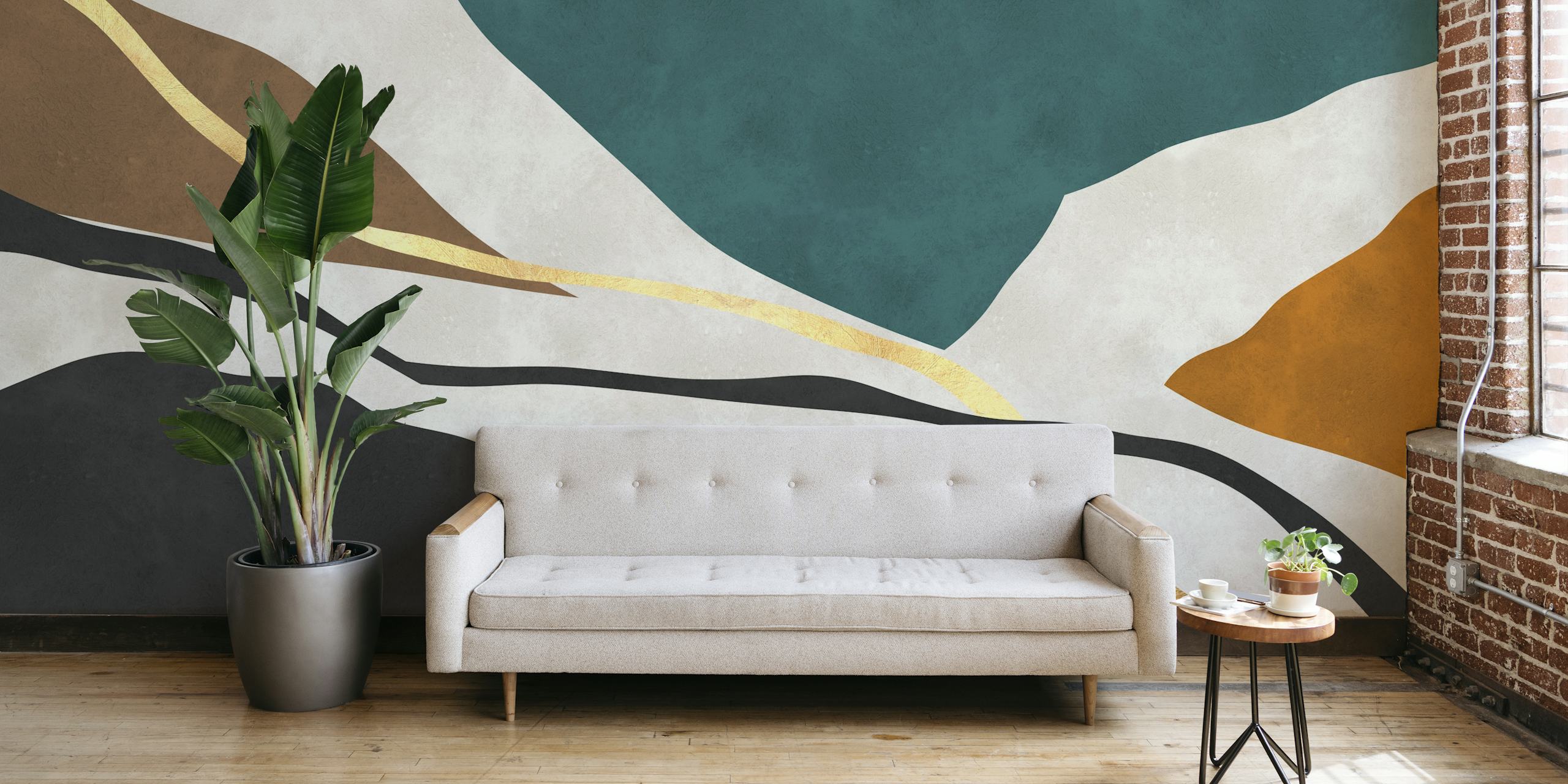 Abstract expressionist wall mural with geometric shapes in green, mustard, cream, black, and gold