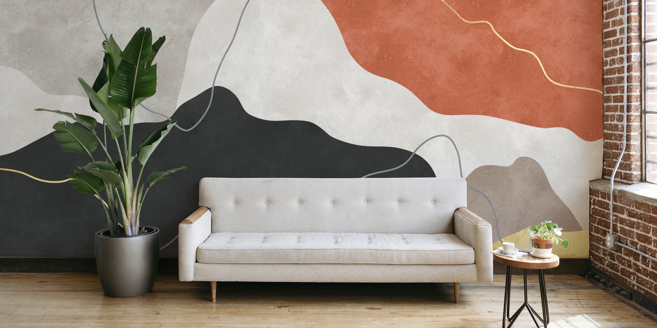 Abstract shapes in warm tones with gold lines wallpaper
