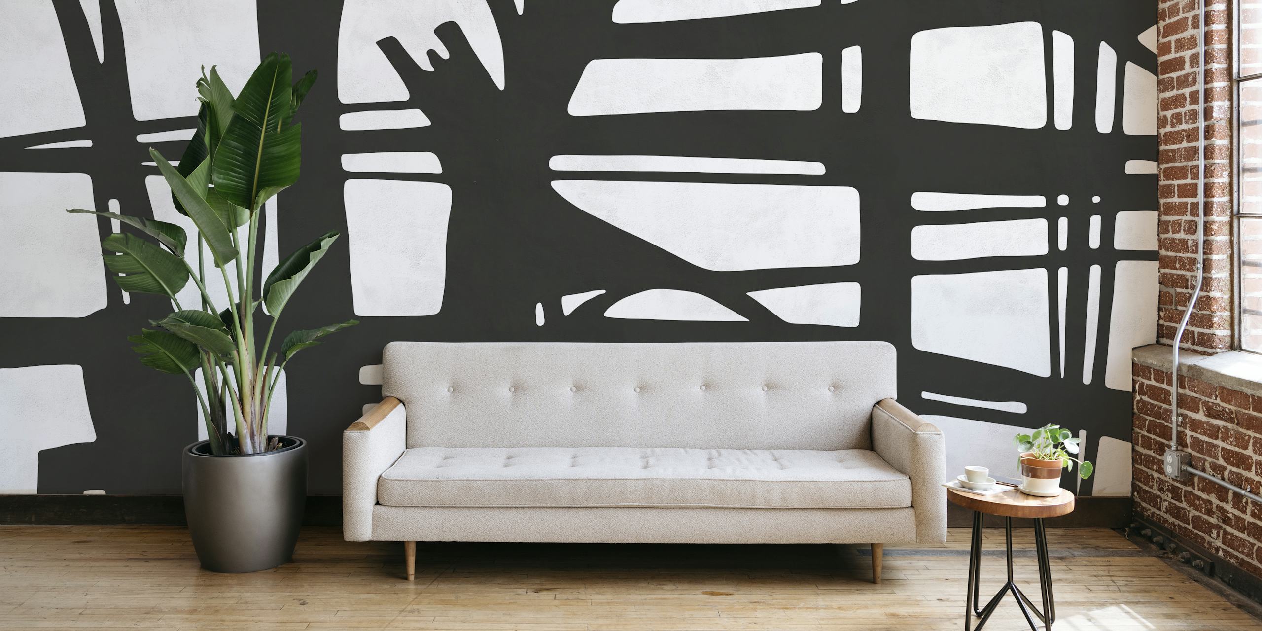 Black and white strokes wallpaper in a room