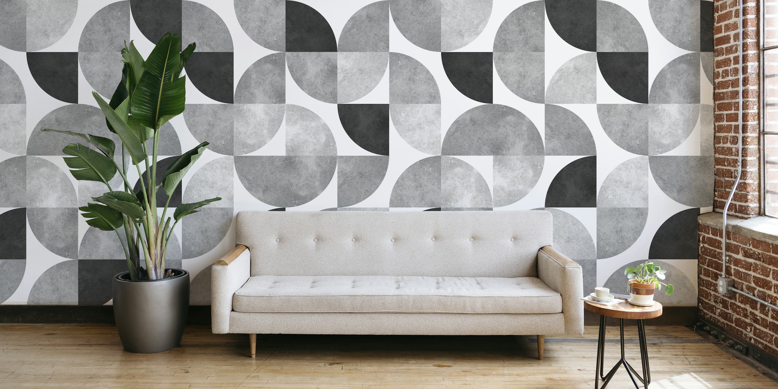 Geometric circle patterns in black, white, and gray wallpaper