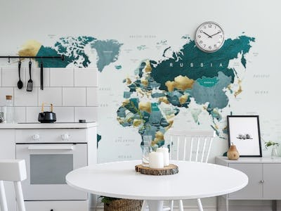 World Map Teal Gold