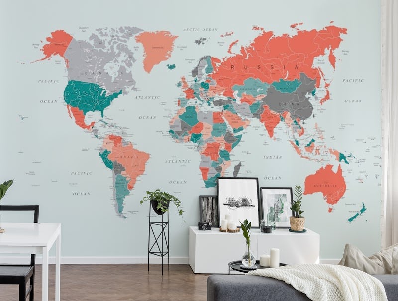World Map Coral Teal Grey