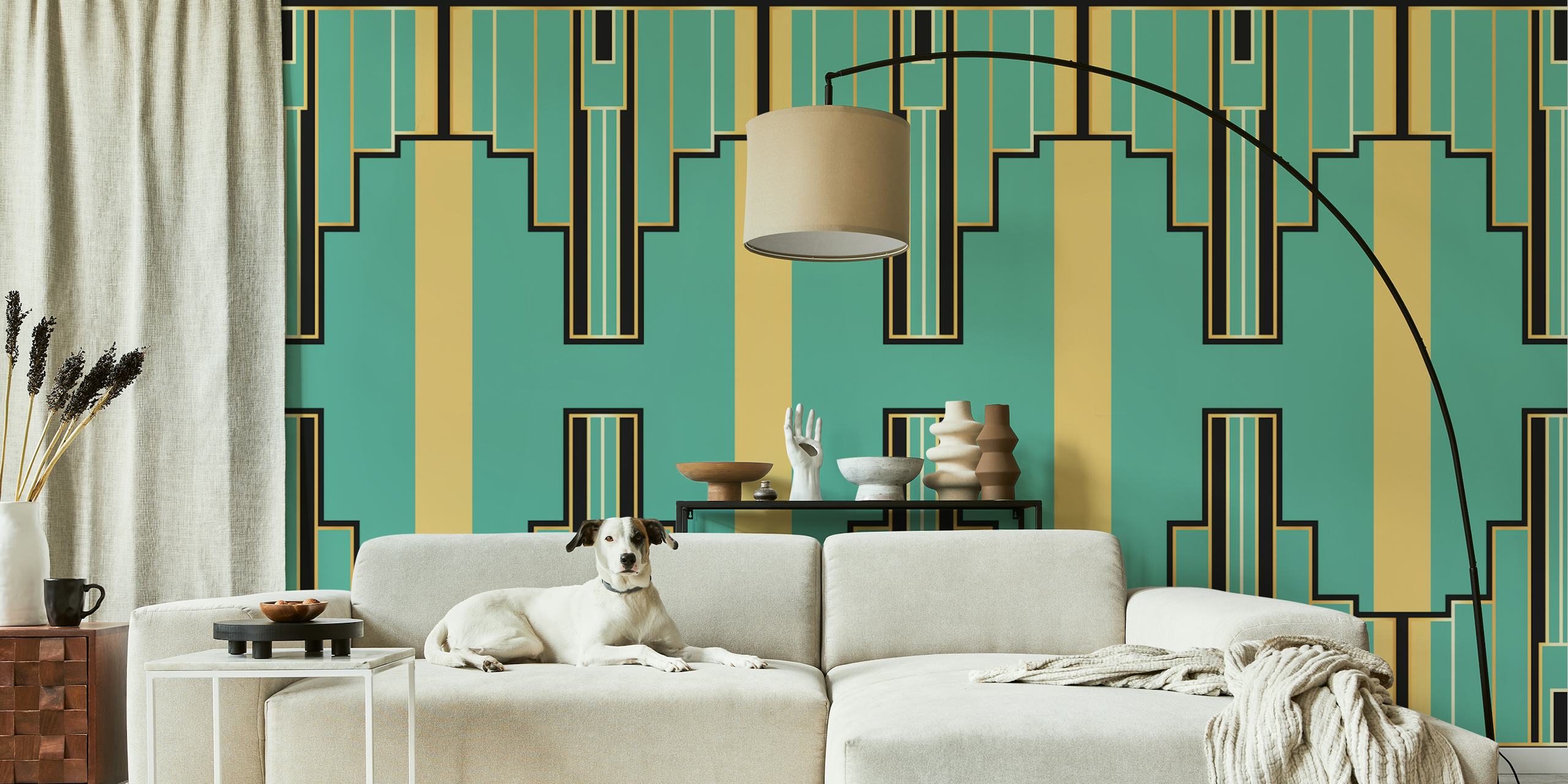 Art Deco Spring wall mural with geometric patterns in jade green and gold