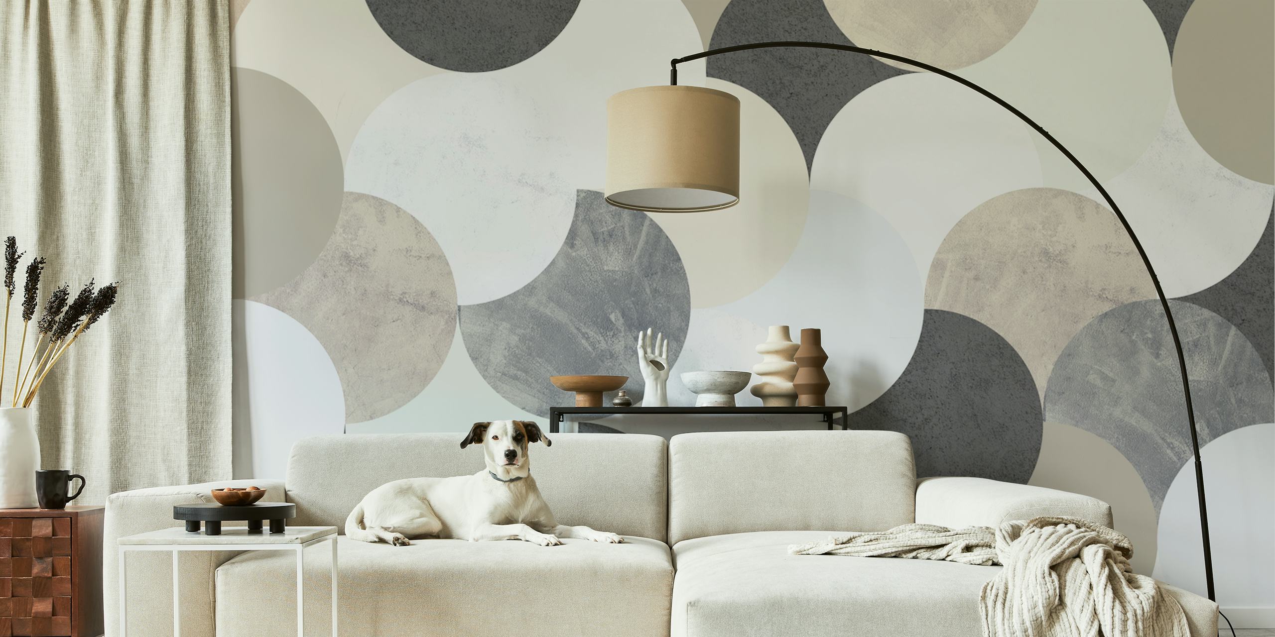 Geometric circle patterns in beige, grey, white, and light blue wallpaper