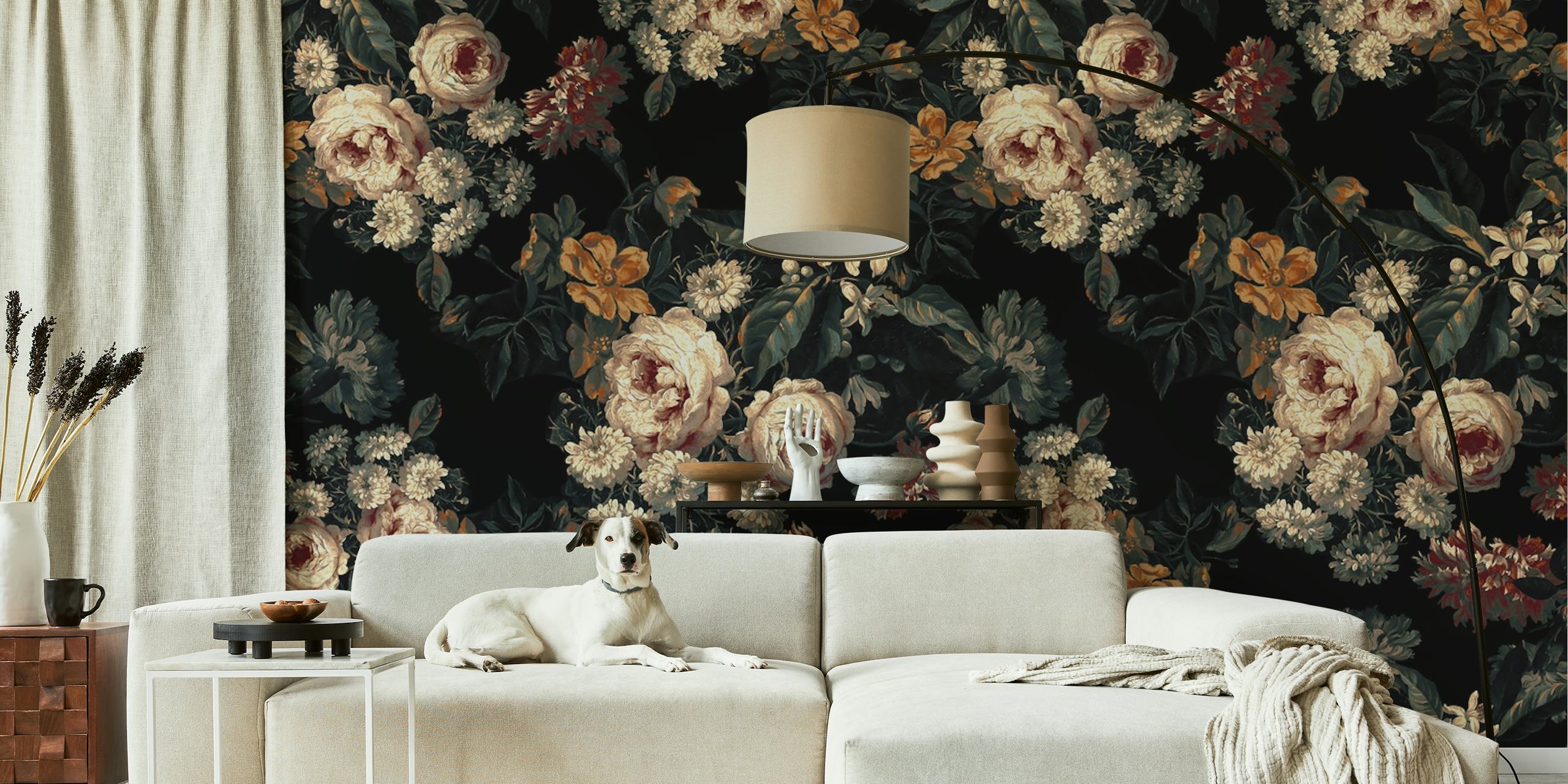 Dark floral wallpaper with roses and flowers in muted colors