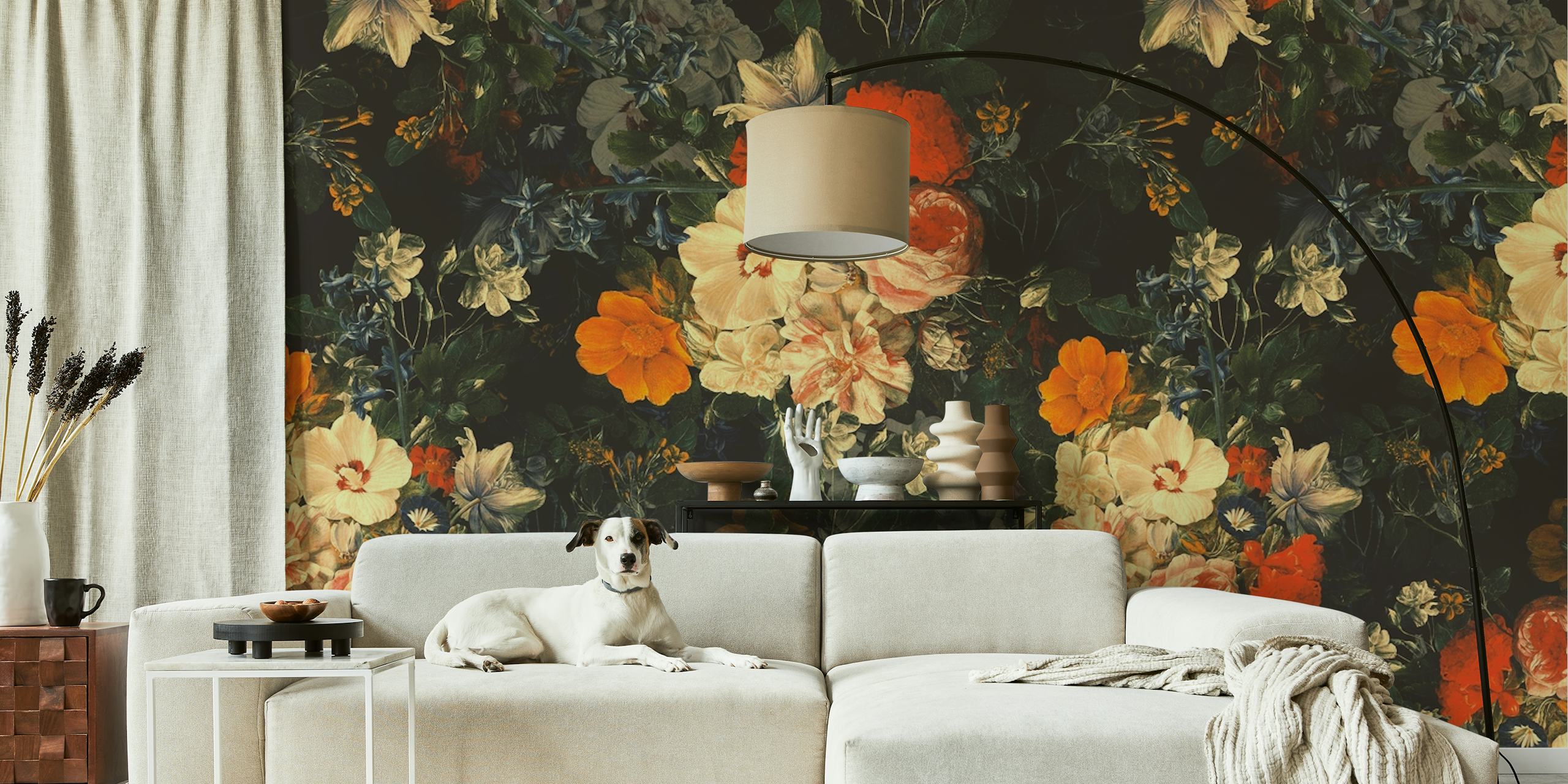 Colorful floral wallpaper with roses and bright flowers on black background
