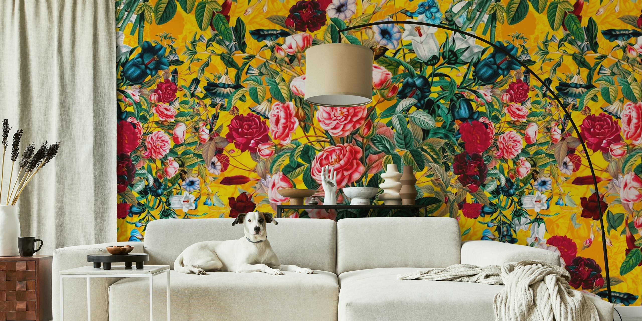 Colorful floral pattern with pink, red, and white flowers against a yellow background wallpaper