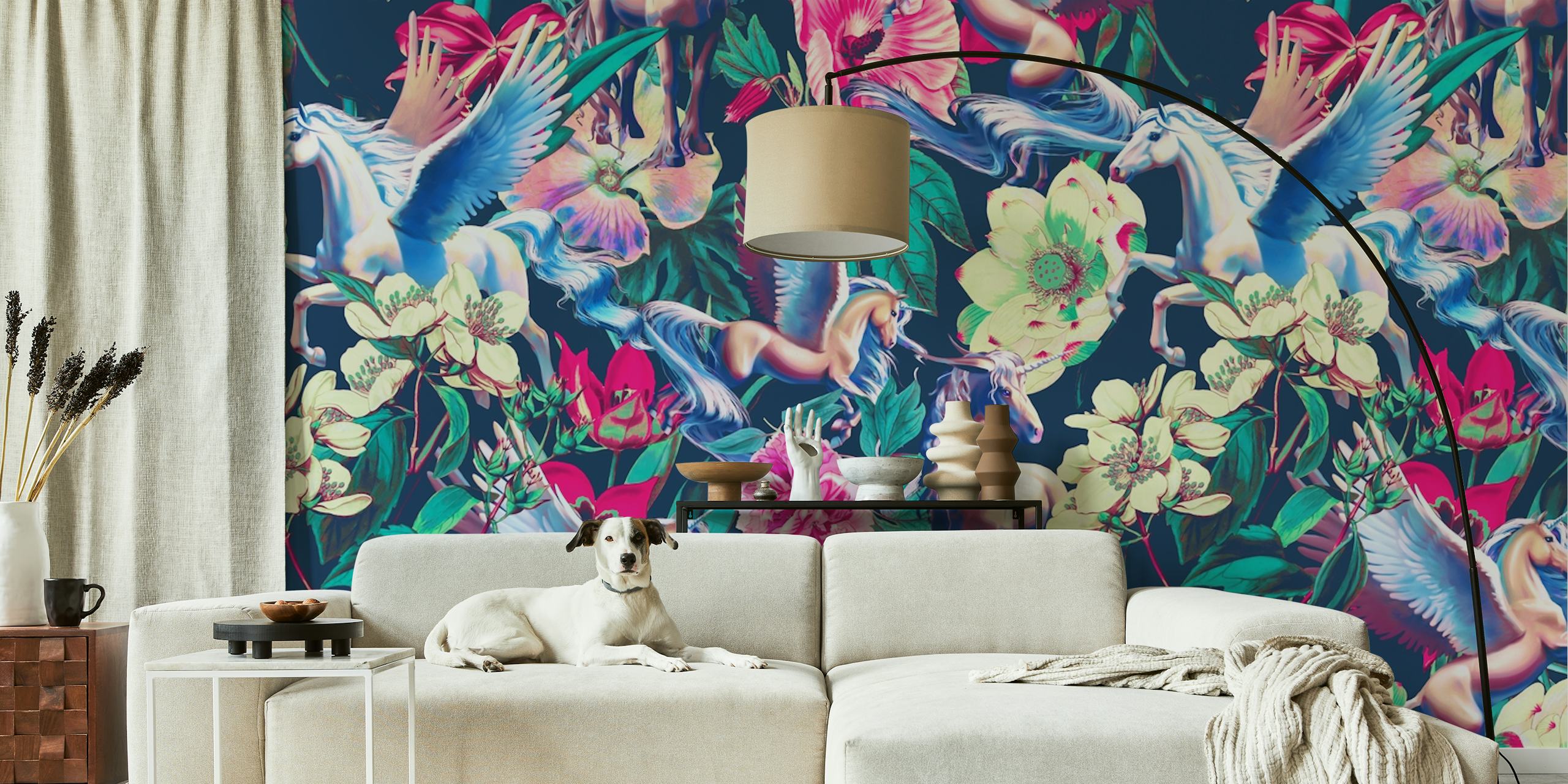 Unicorn wall mural with lush floral pattern in vibrant colors