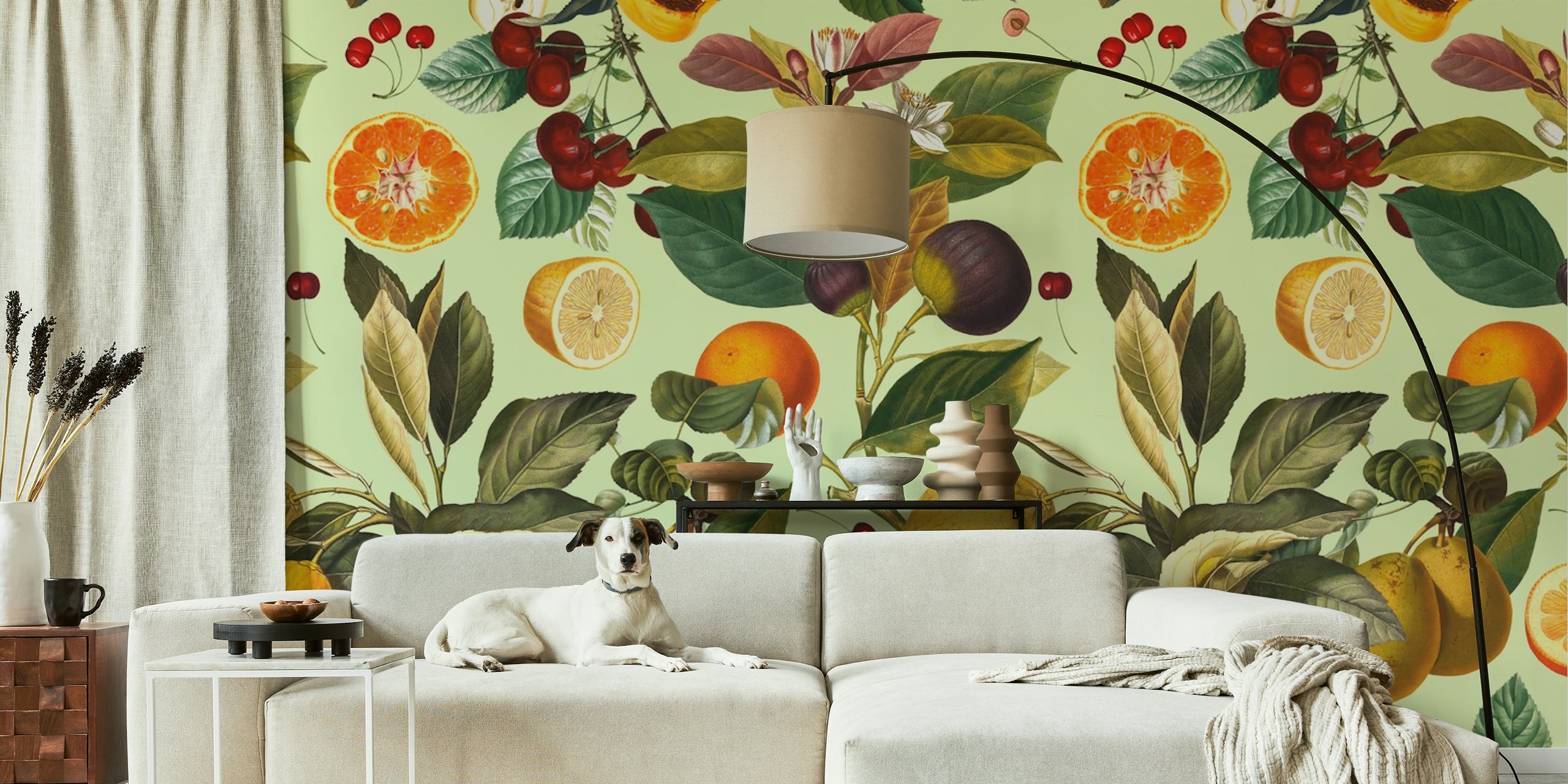 Botanisch fruitpatroon met citroenen, sinaasappels en bladeren in vrolijke kleuren wallpaper
