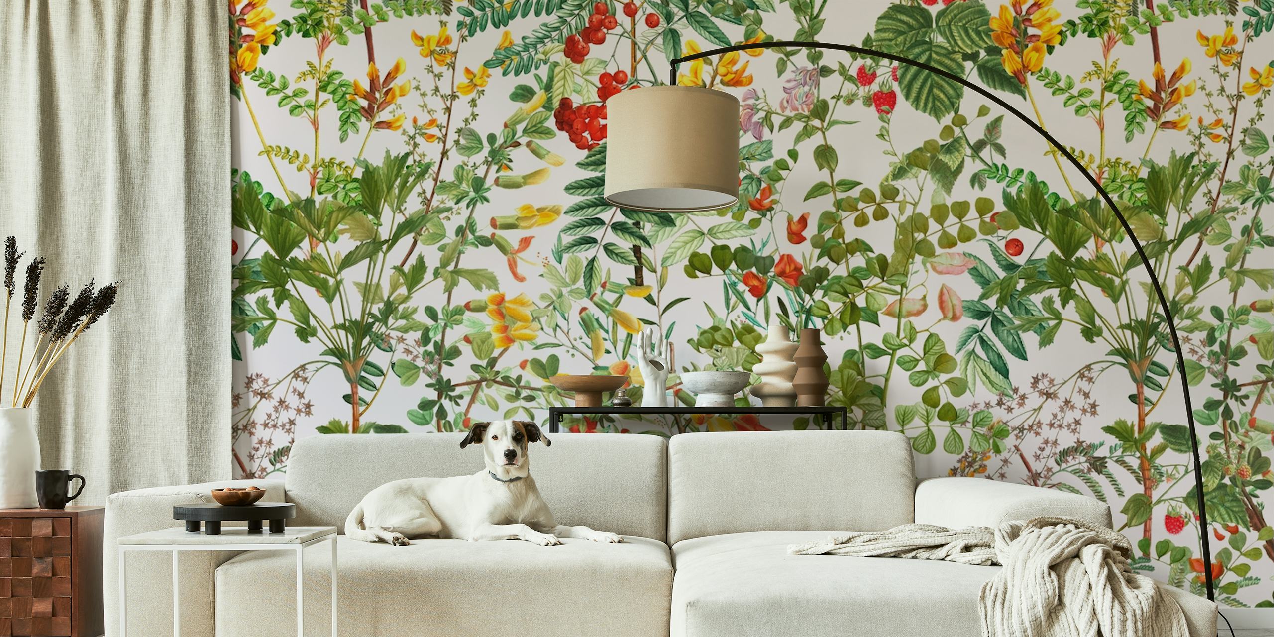 Lush summer meadow-inspired wall mural with a variety of flowers and greenery
