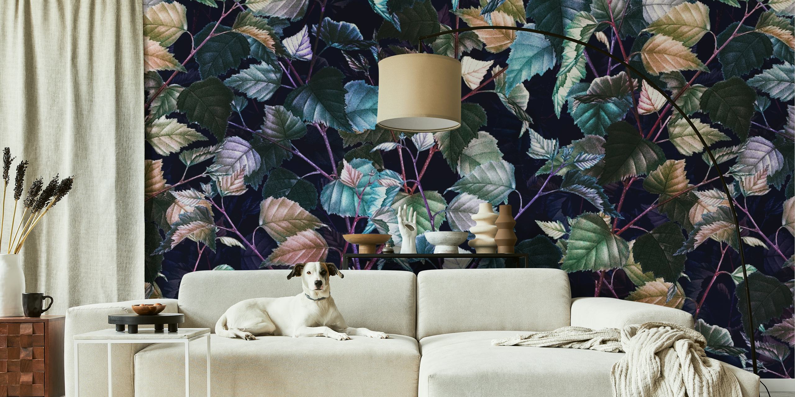Leaves with shades of green, teal, and purple in Magical Forest III wall mural