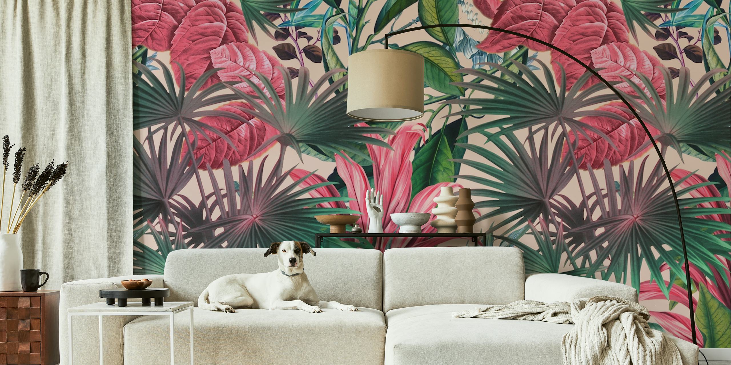 Tropical leaf pattern wallpaper with vibrant pink and green colors