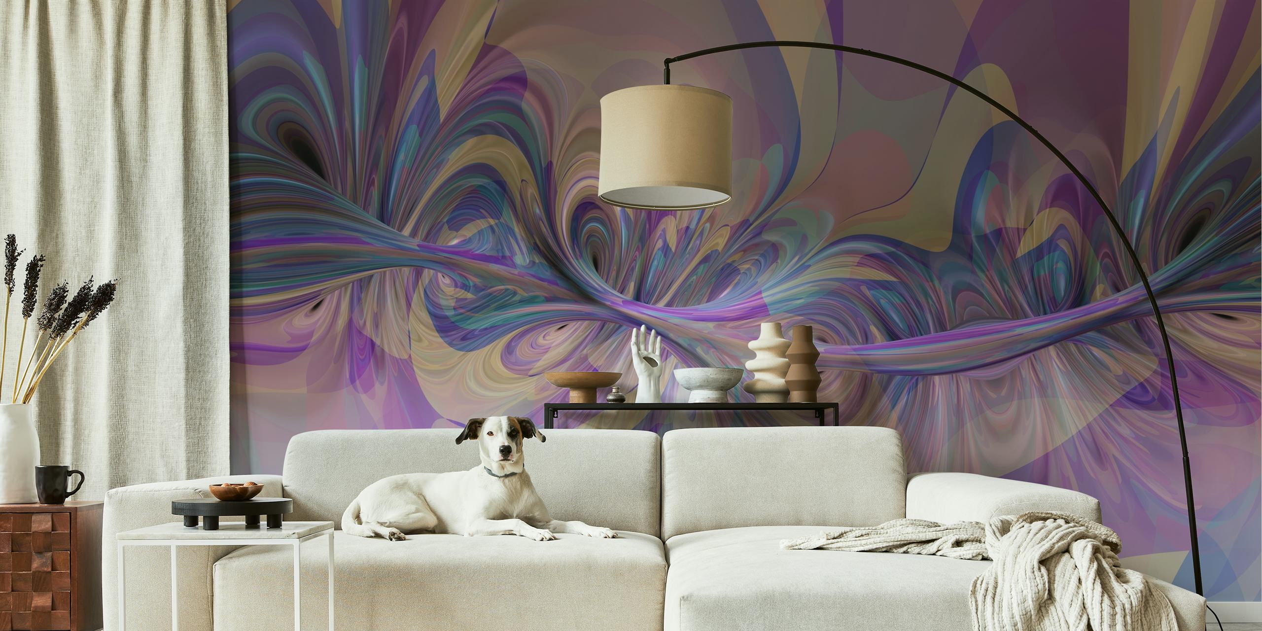 Abstract swirling patterns in soft purple and pastel colors wallpaper