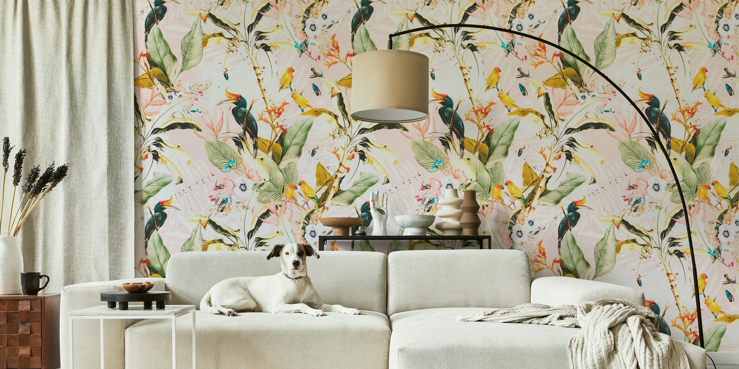 Fototapeta s exotickým ptactvem a listím tropické džungle