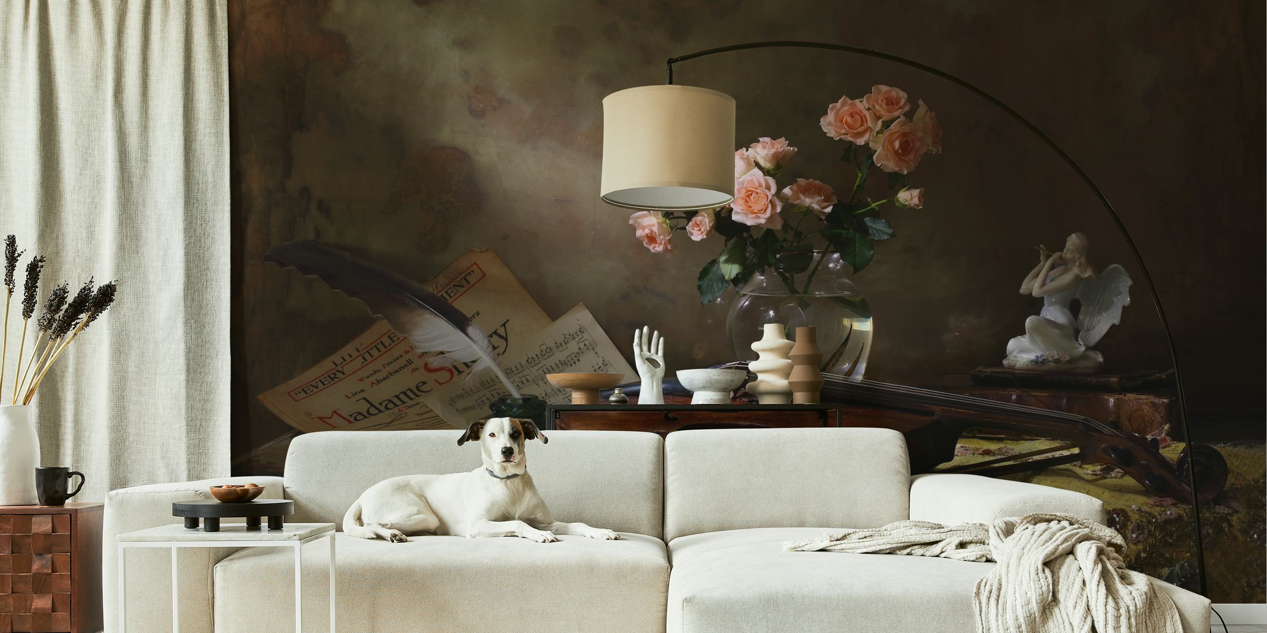 Still life wall mural featuring a violin and roses with a vintage feel