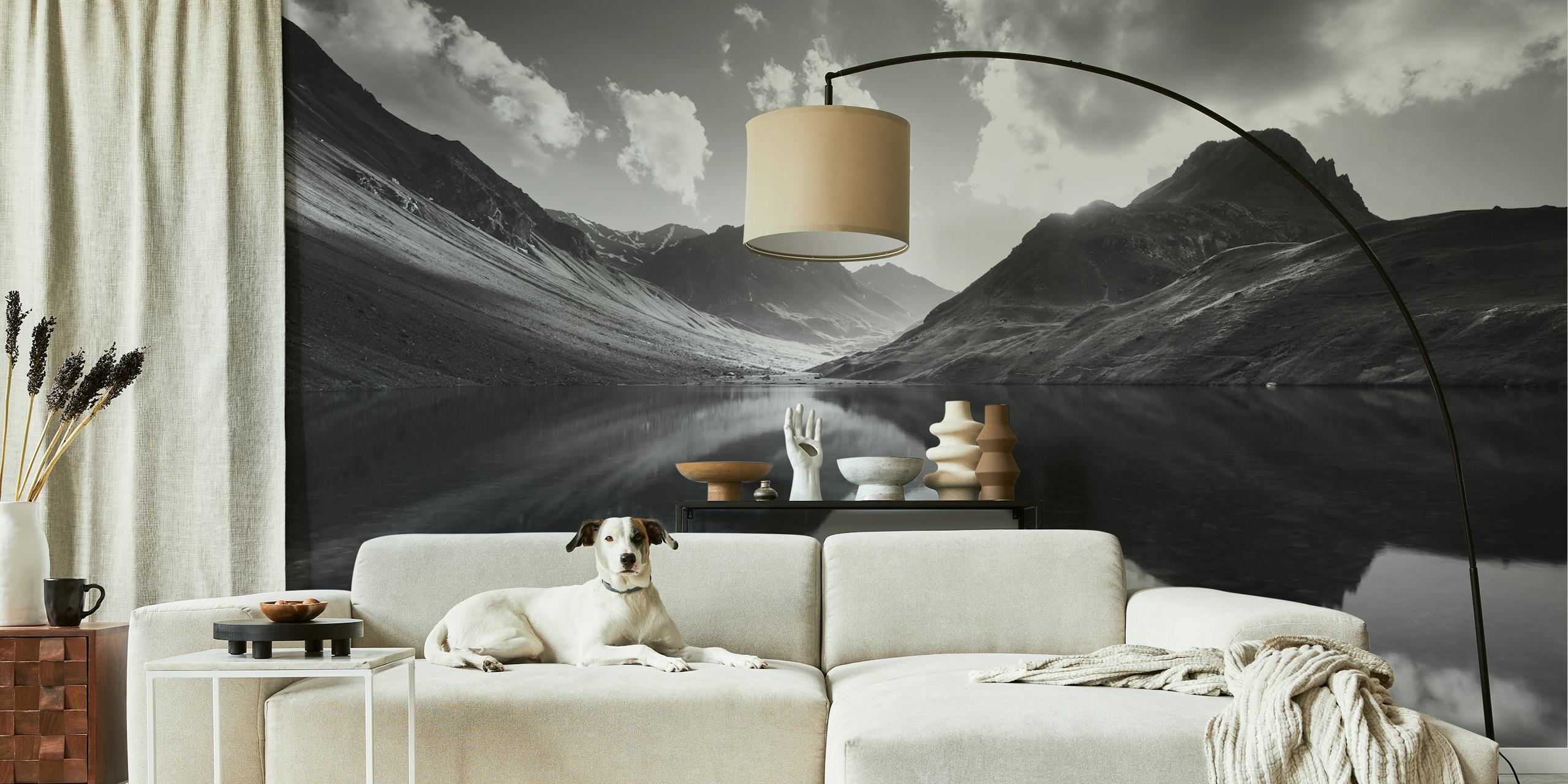 Black and white mountain landscape with reflections wallpaper