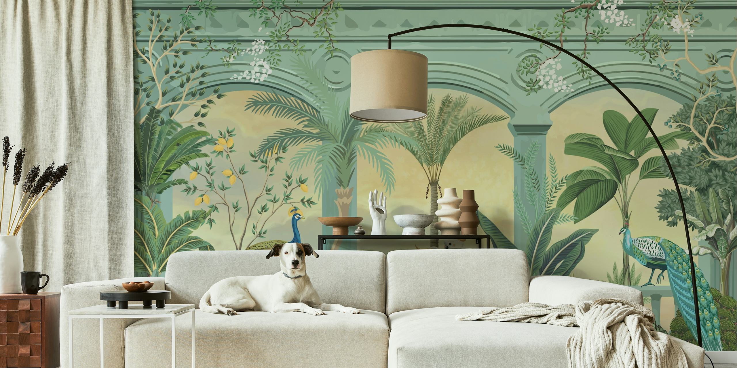Tranquil Peacock Palace wallpaper in a room