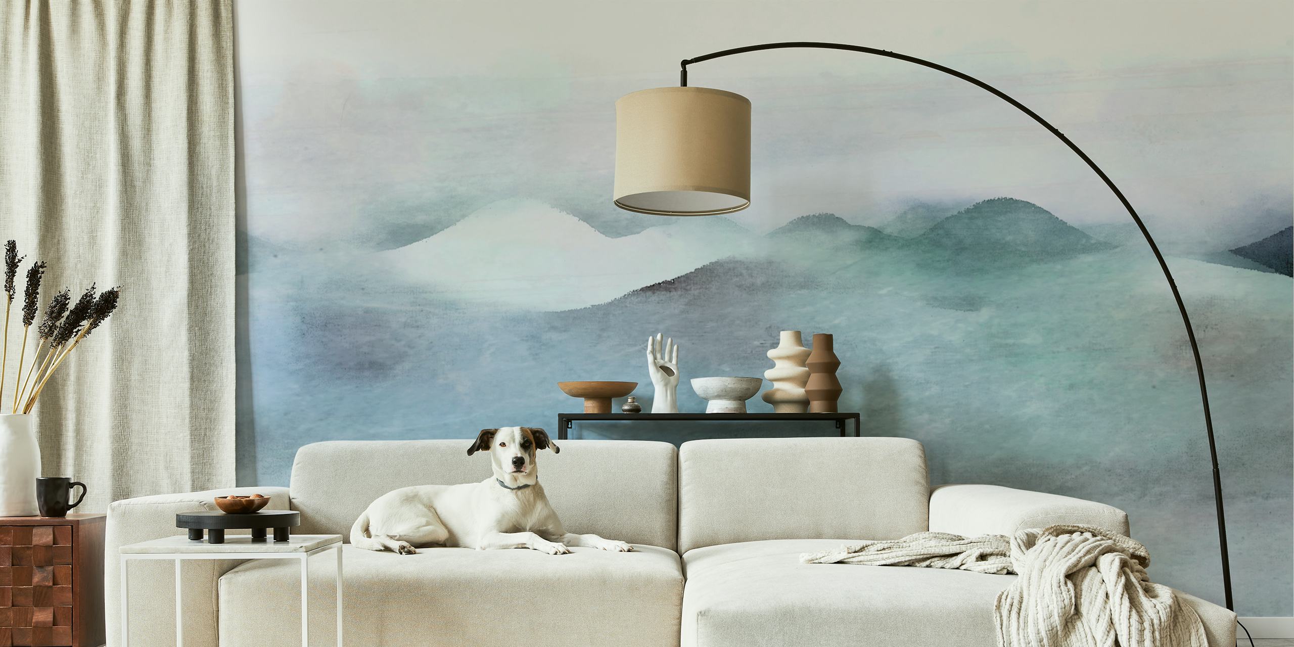Watercolor gradient landscape wallpaper in a room