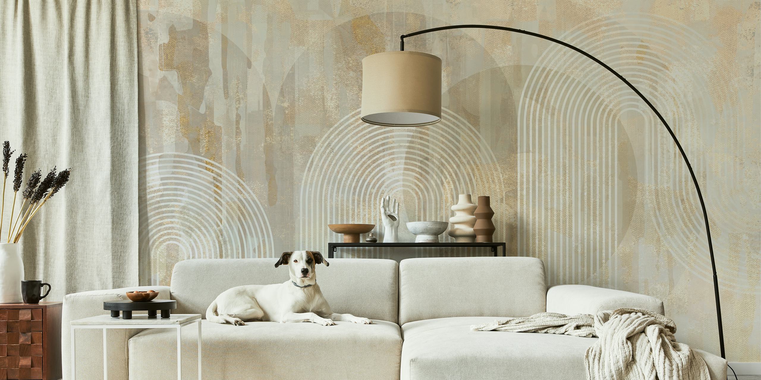 Geometric swirls and circles in neutral gold and beige tones wallpaper