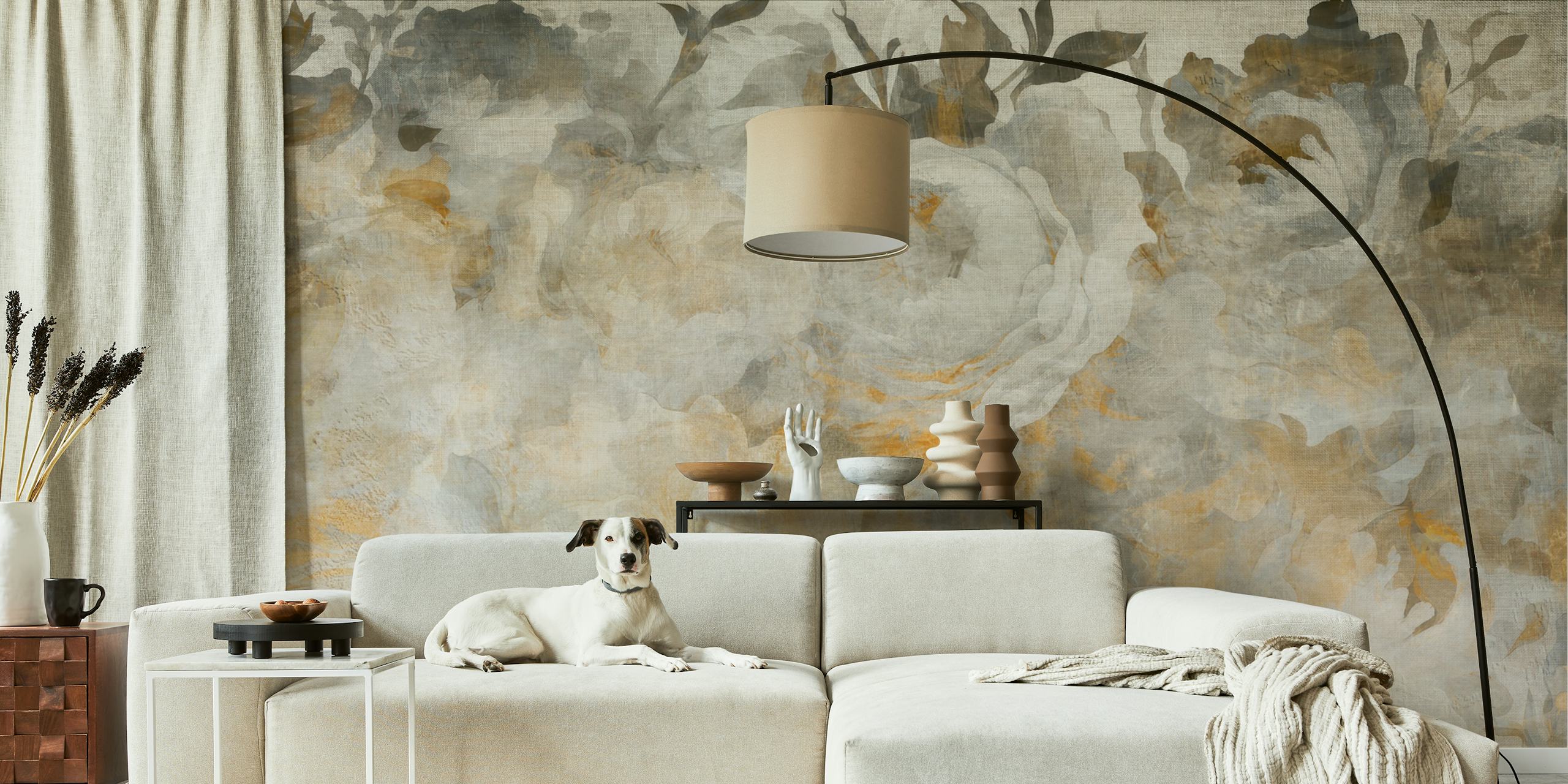 Antique floral design in gray and gold tones wallpaper