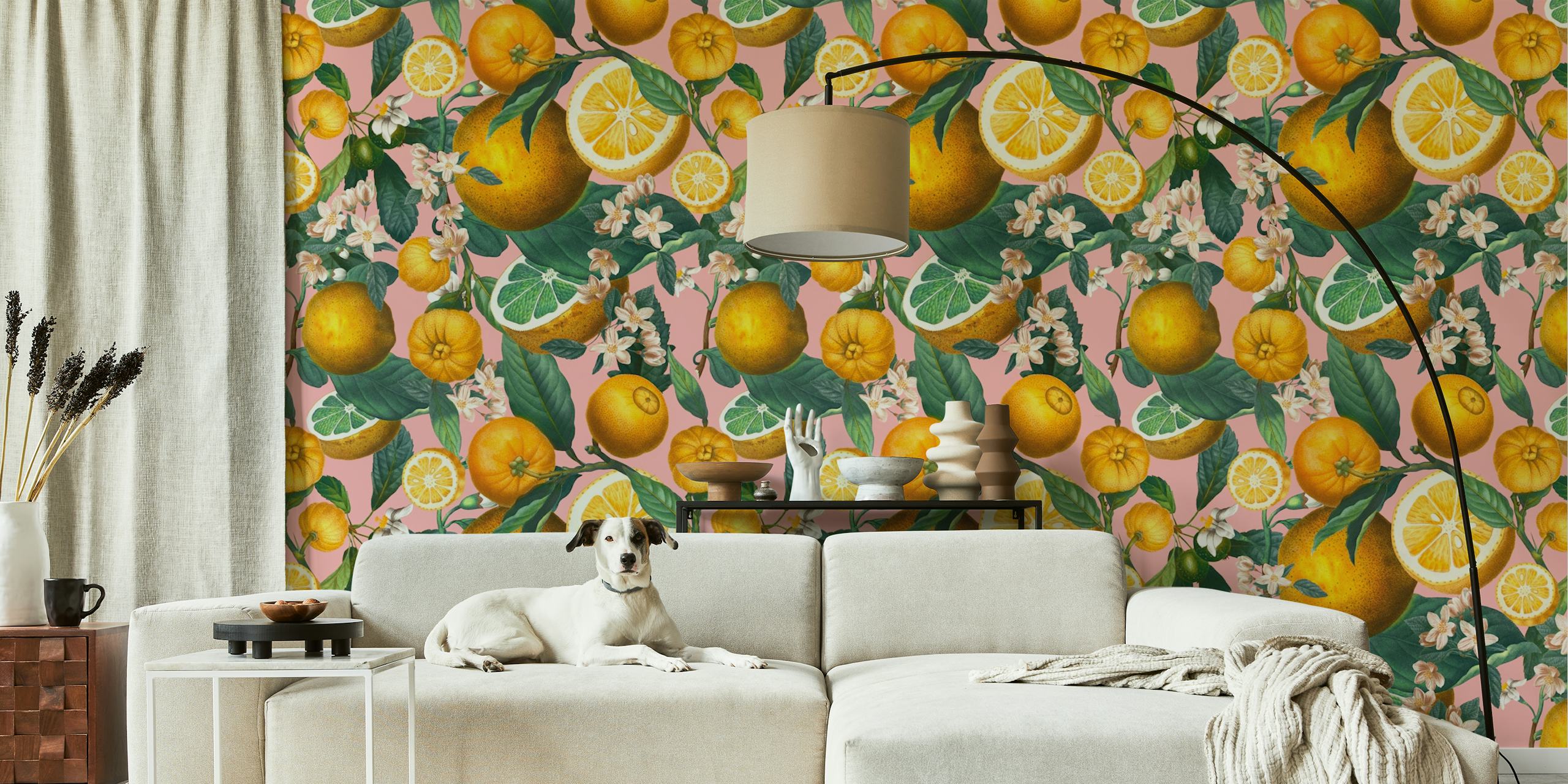 Lemon and floral pattern in yellow and green wallpaper
