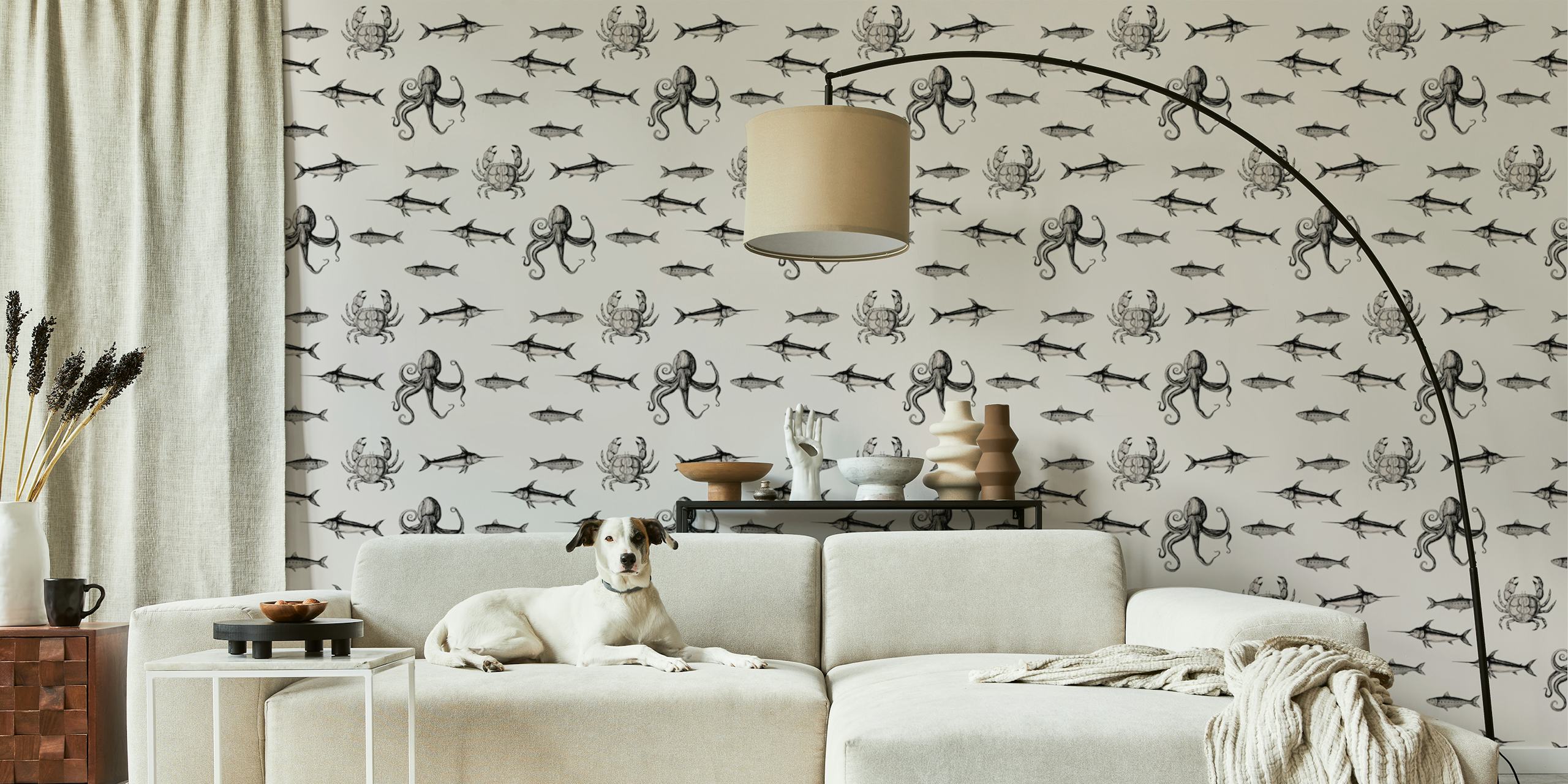 Nautical wallpaper with octopus and fish patterns in black on white background