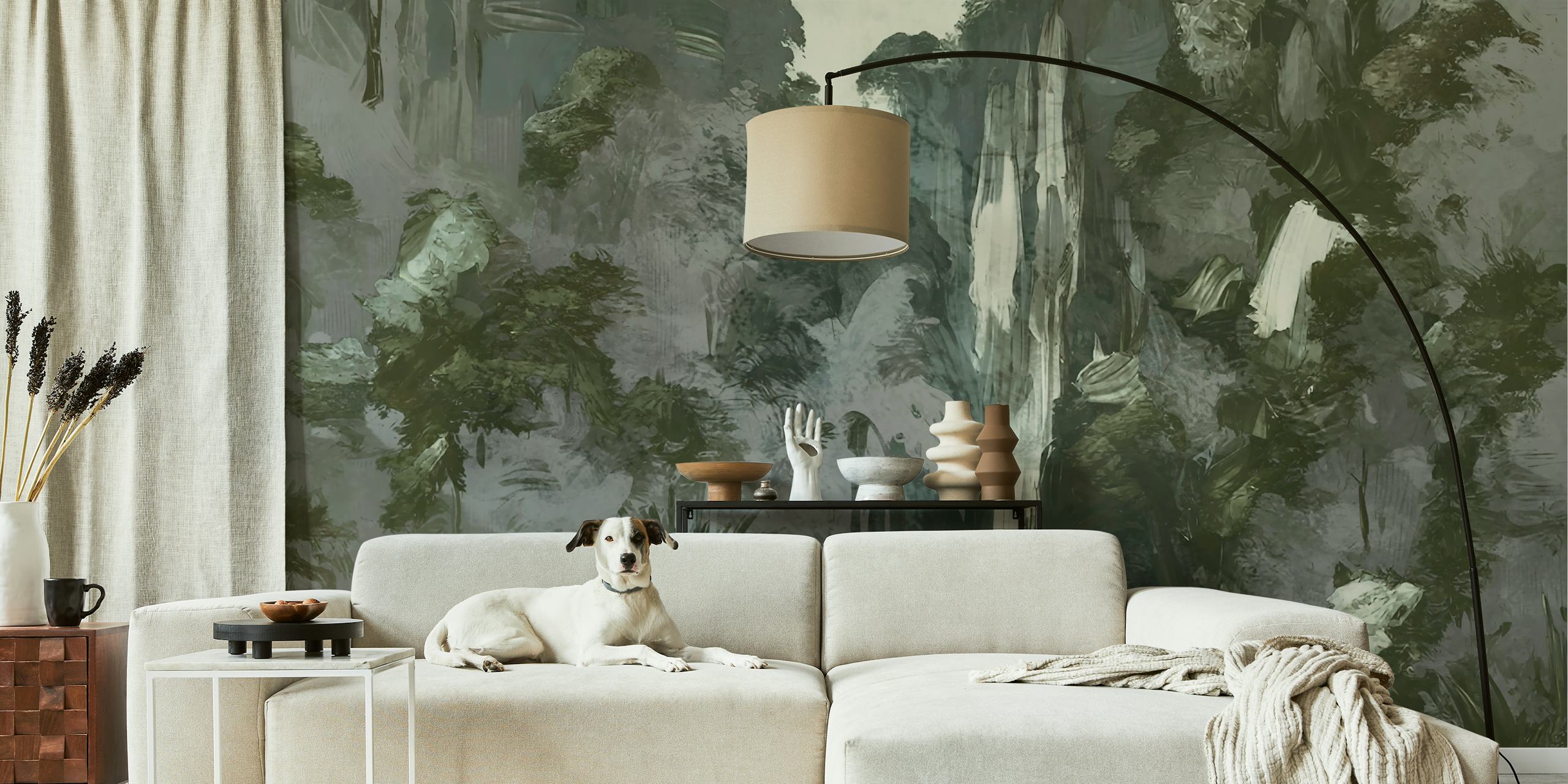 Waterfall and lush jungle foliage in gray and green colors wallpaper
