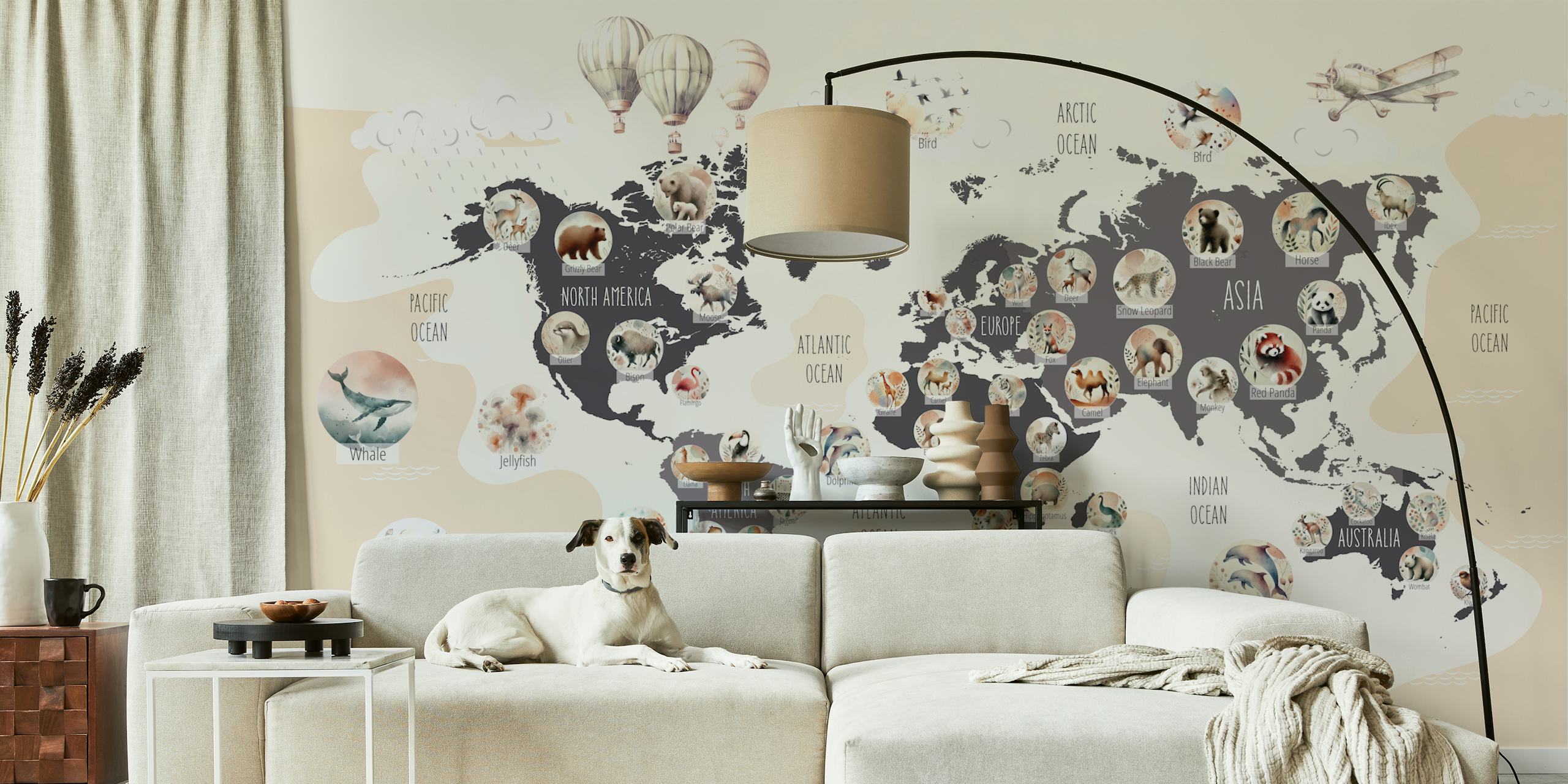 Tapeta Chic Wildlife World Map w pokoju