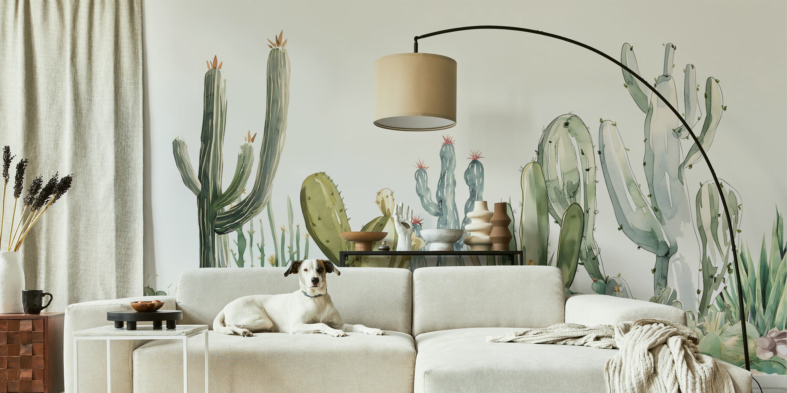 Cacti and succulents in green and beige colors botanical wallpaper