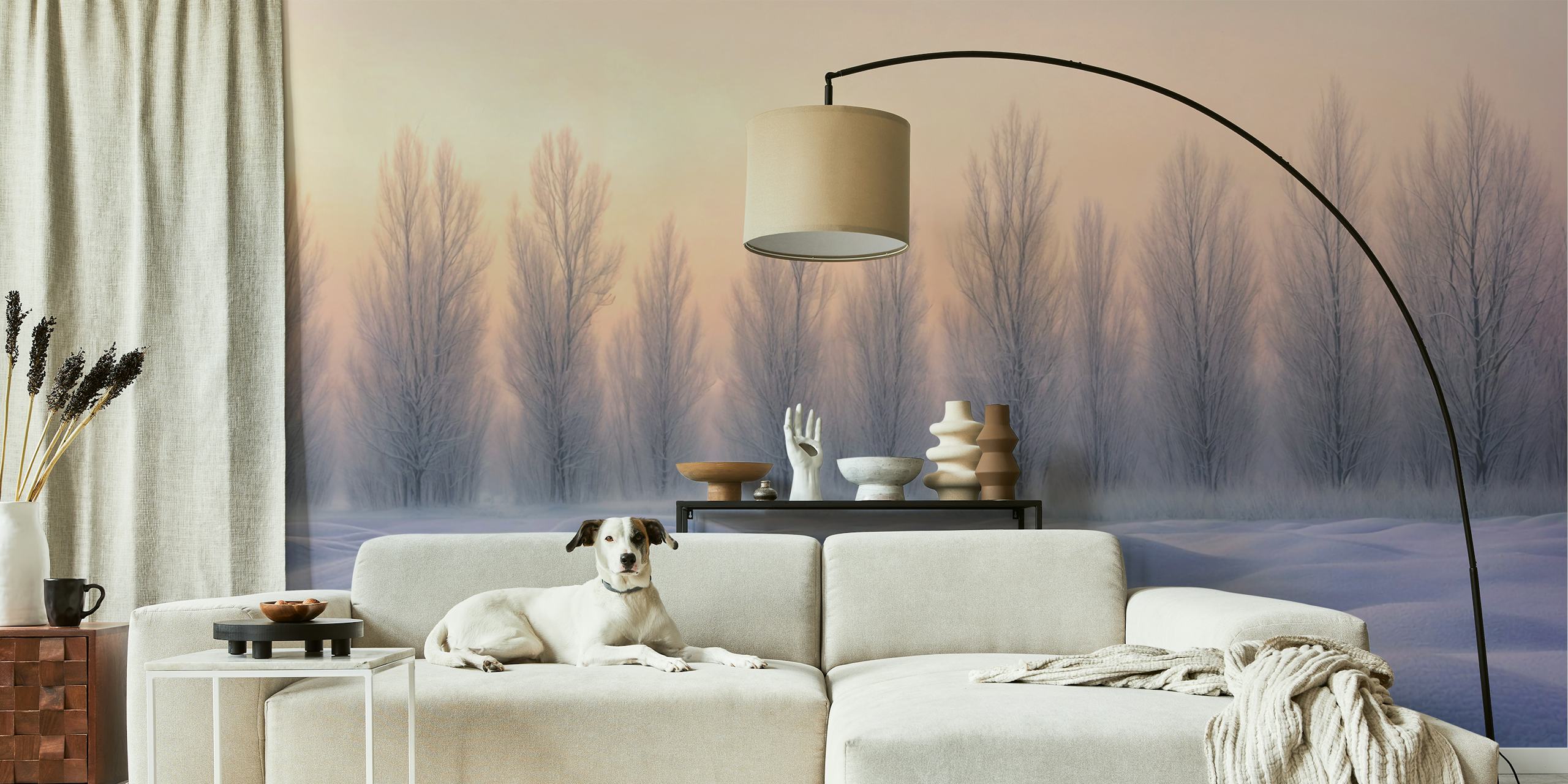 Snowy trees in a pastel winter landscape wallpaper