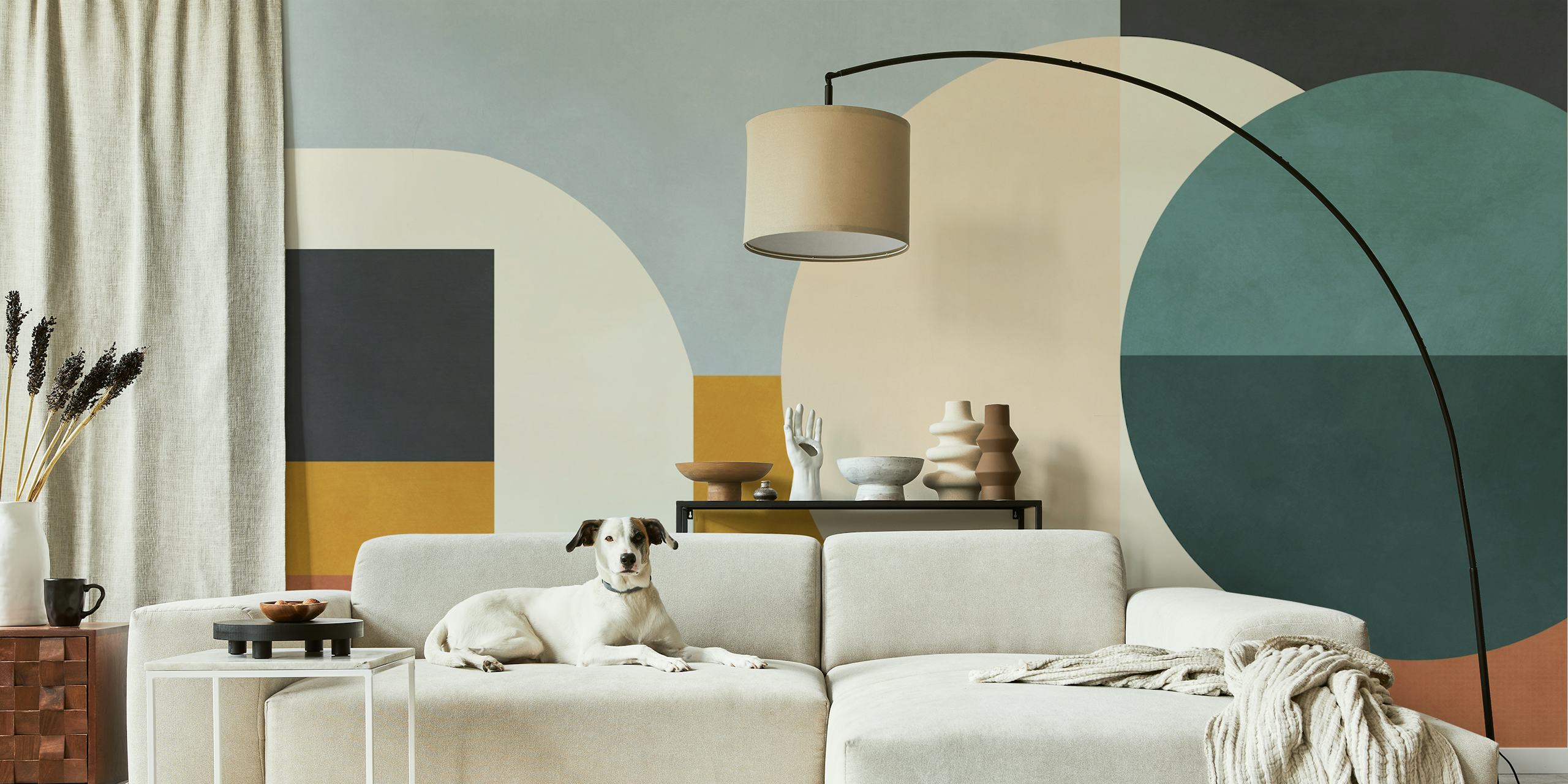 Geometric shapes in soft colors like teal, brown, and cream wallpaper