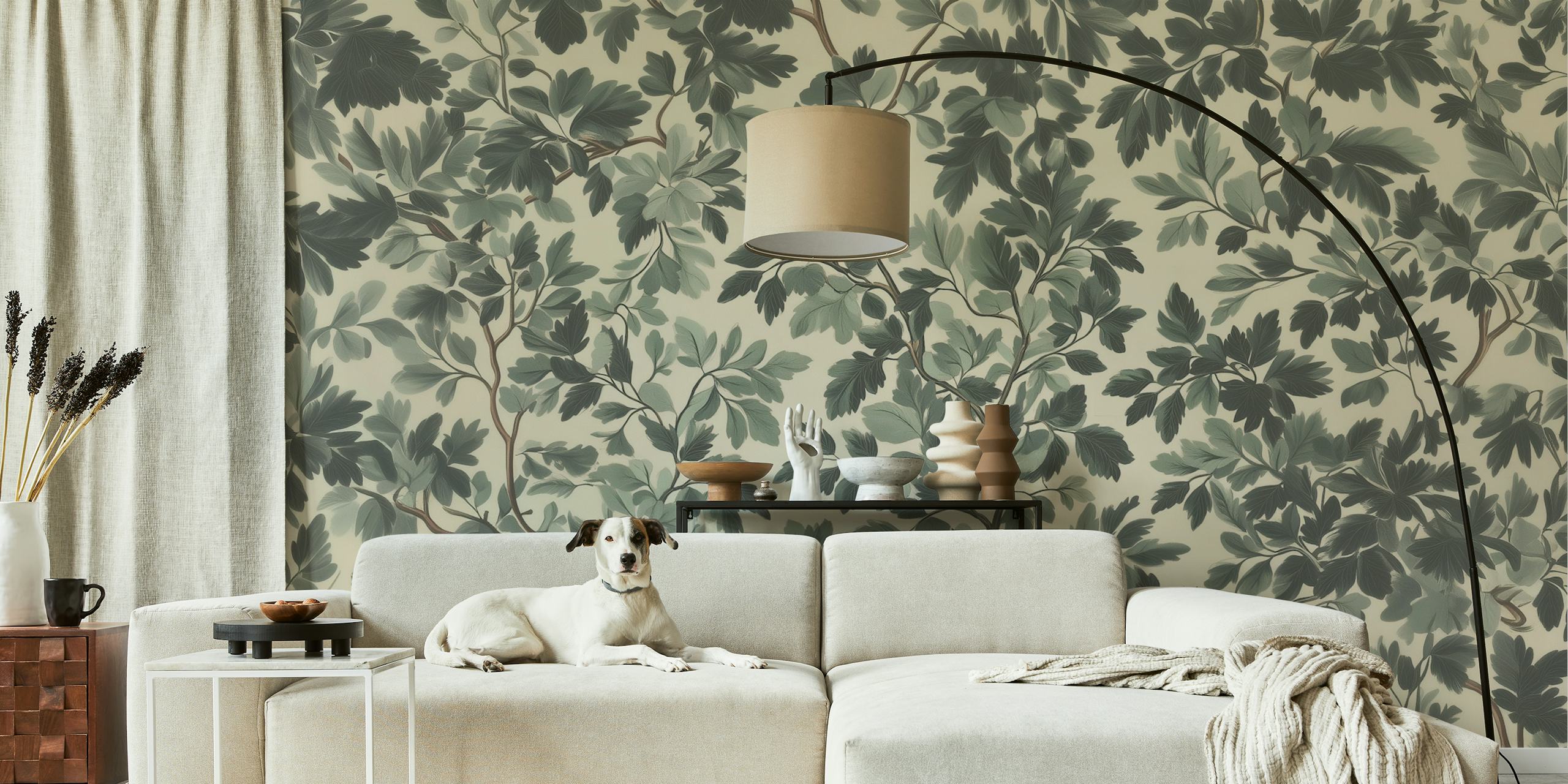 Botanical leafy pattern with dark green and soft gray hues wallpaper