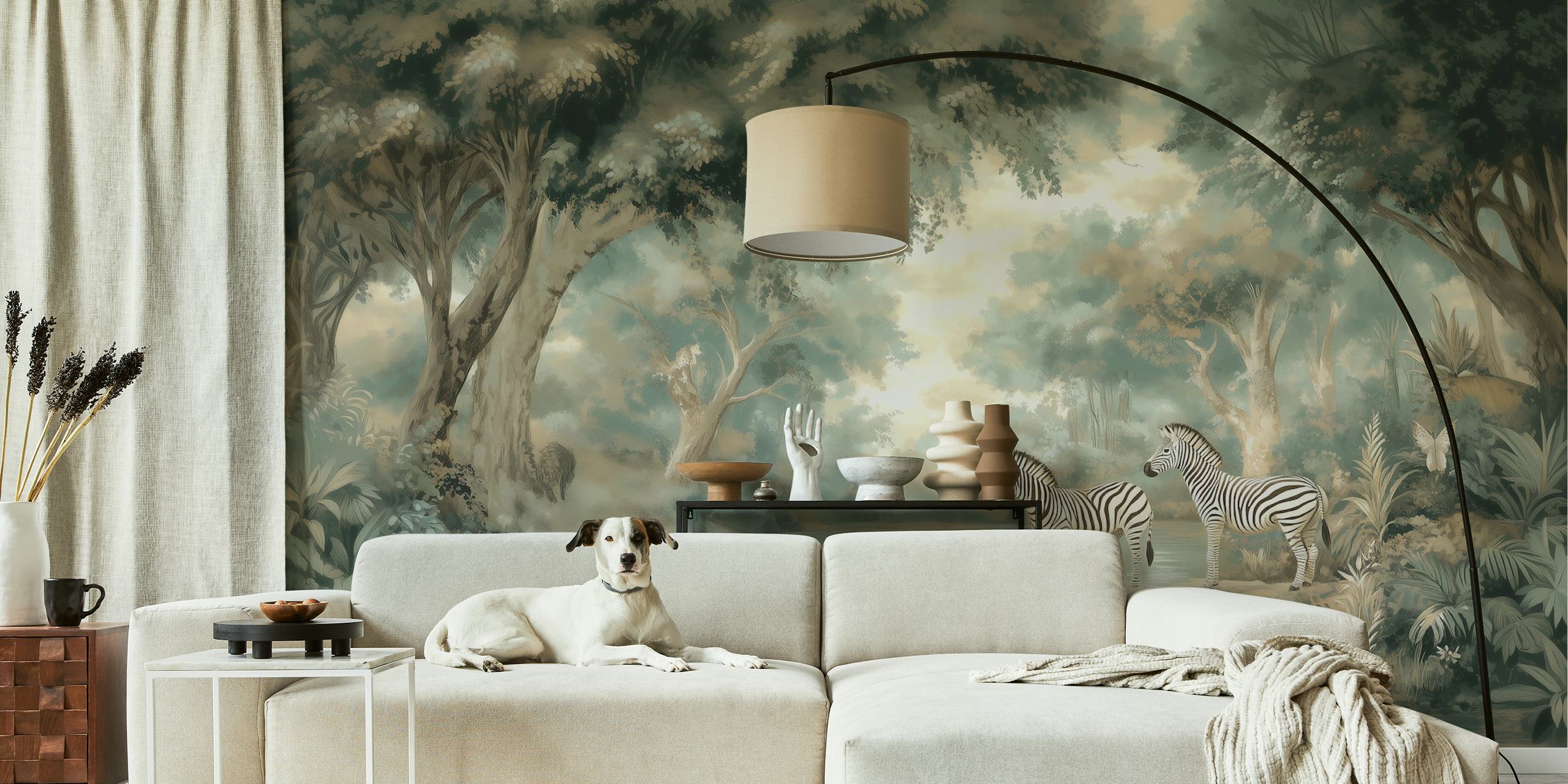 Two zebras by a calm river in a dreamy forest setting, soft greens and browns, nature wallpaper