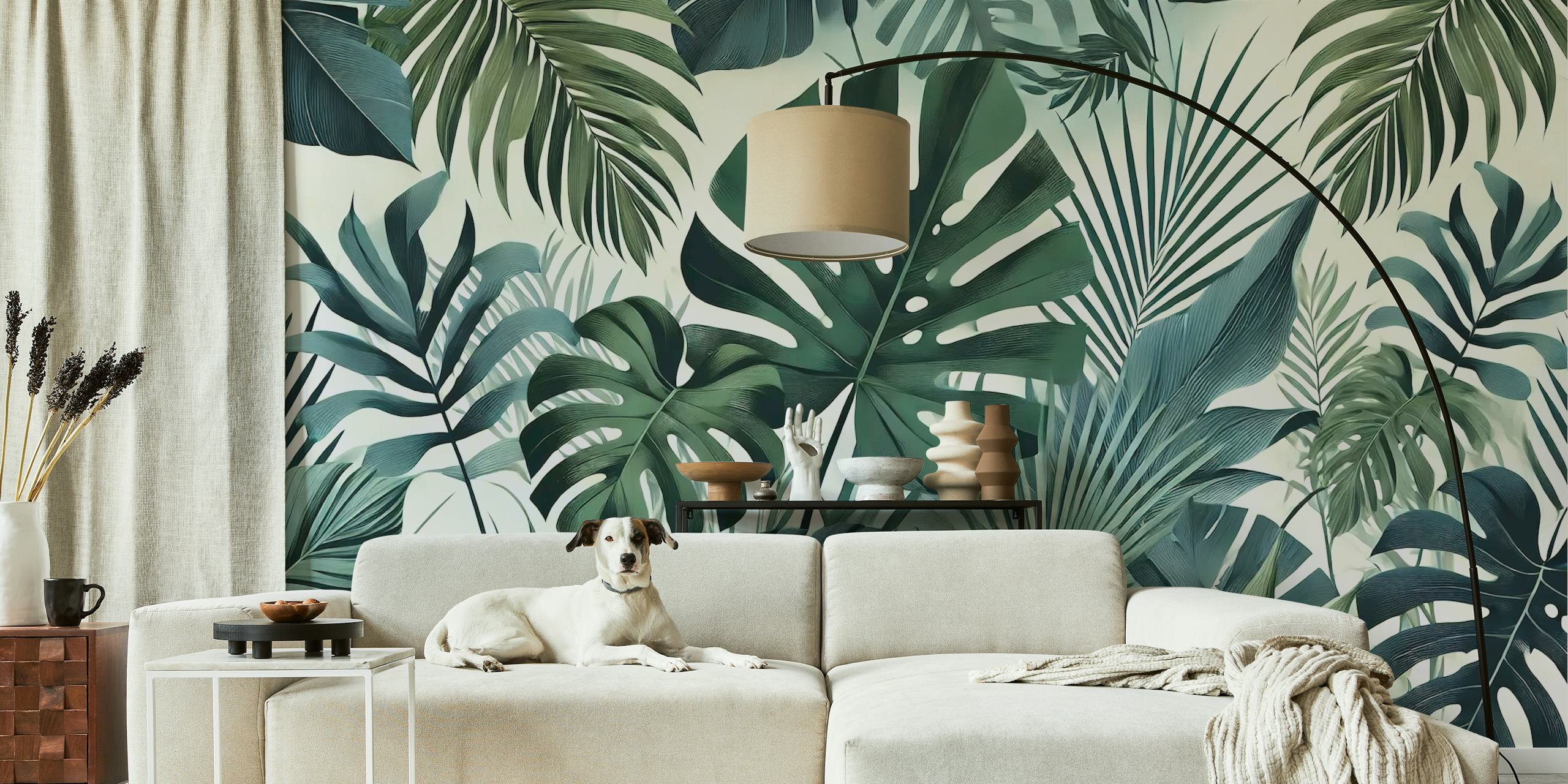 Tropical green leaves featuring various palm shapes wallpaper