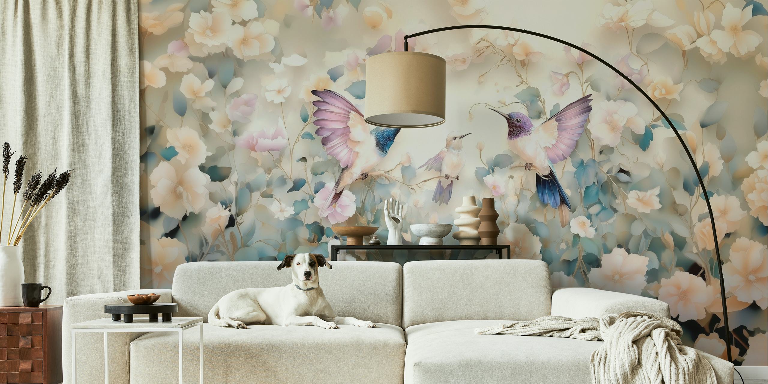 Birds and flowers wallpaper design in a room