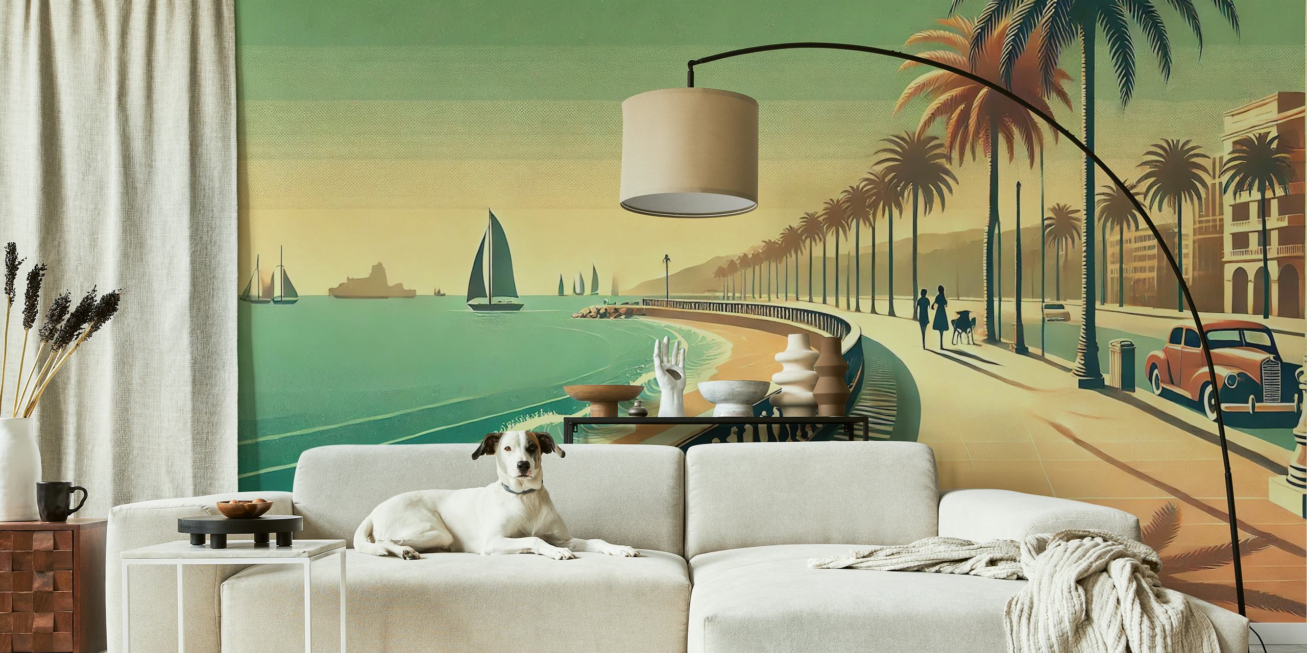 Vintage Coastal Promenade behang in een stijlvolle kamer