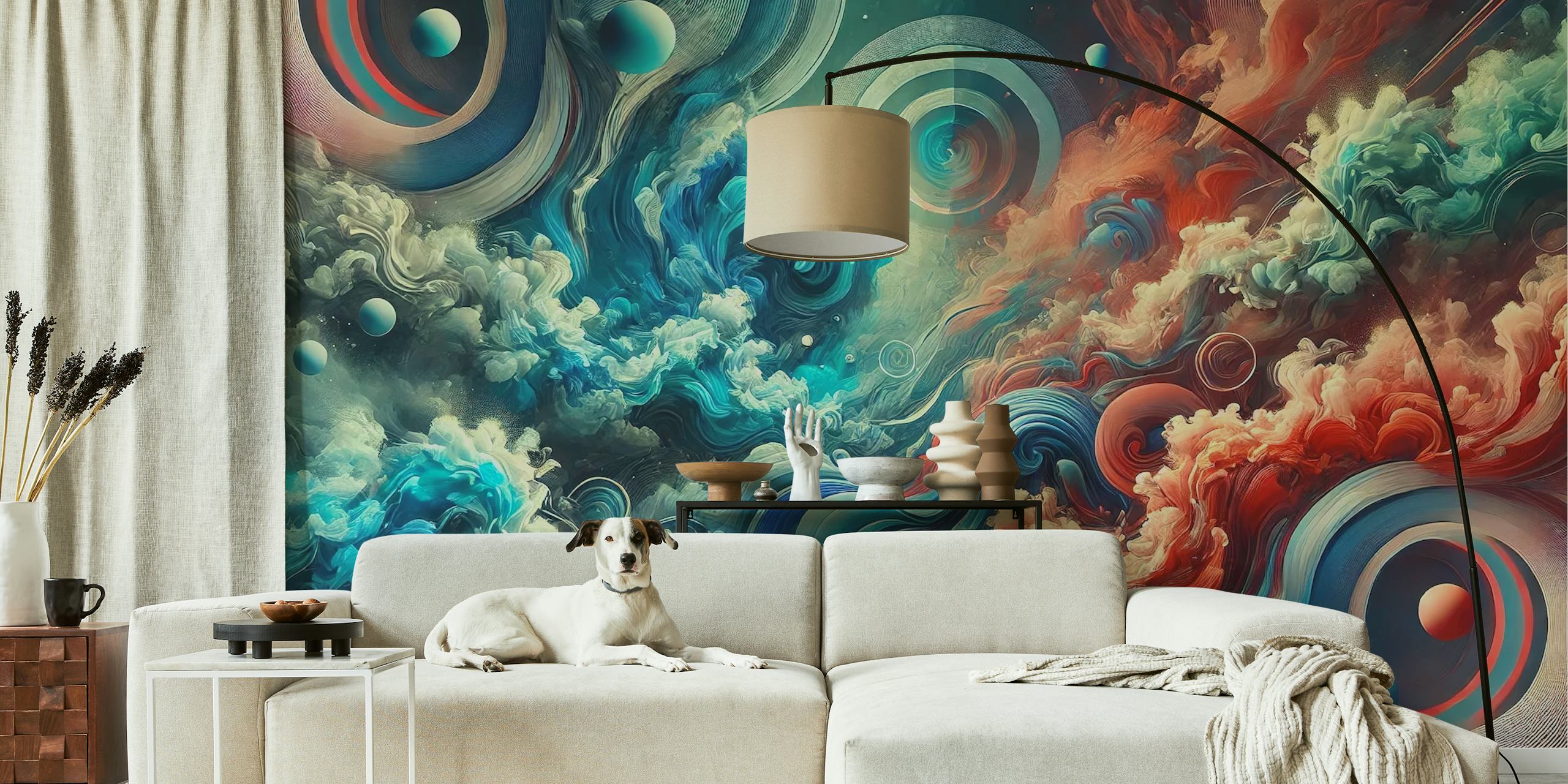 Colorful abstract swirls in red, blue, and cream wallpaper