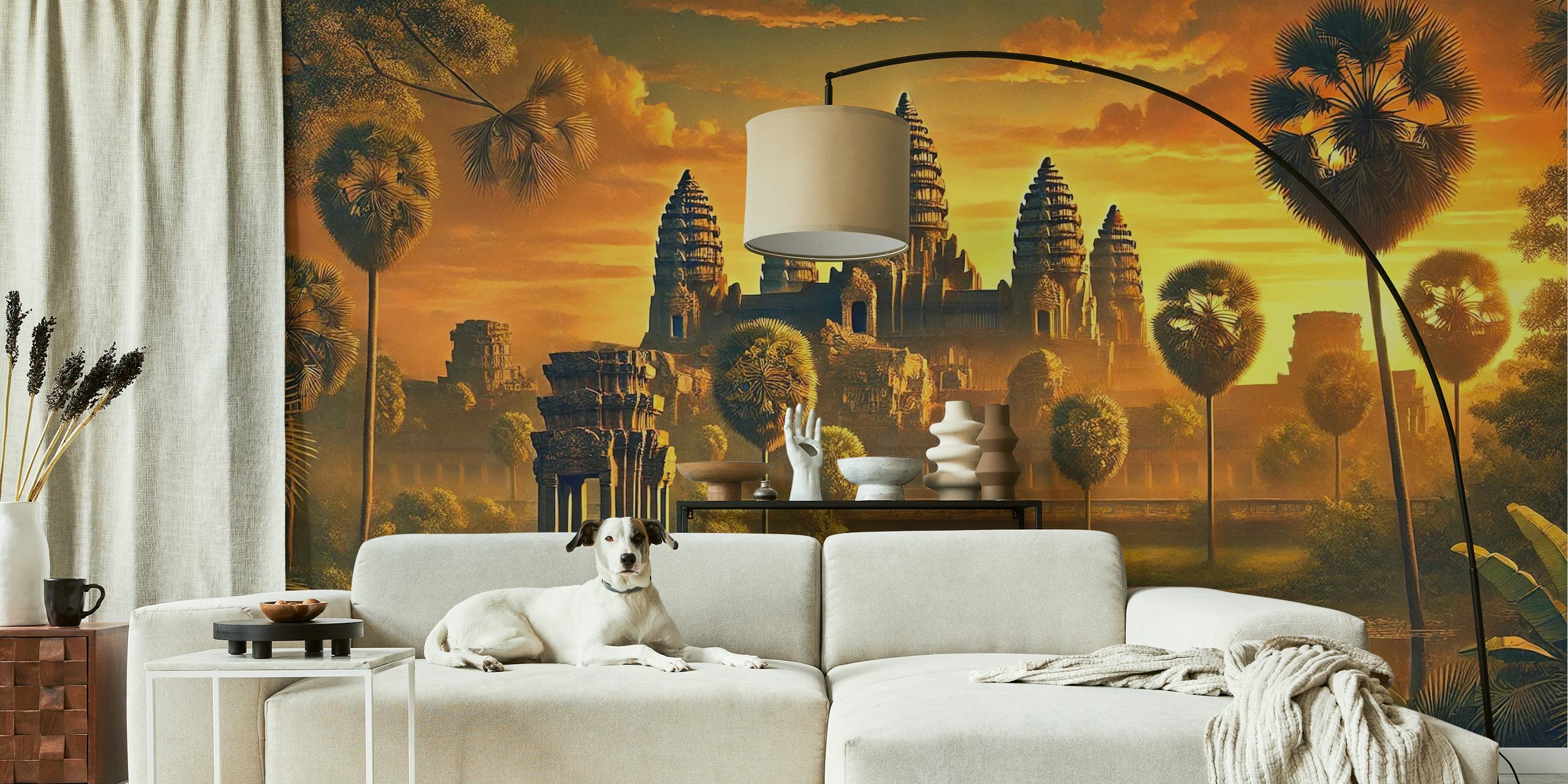 Angkor Wat temple during sunset with palm trees and vibrant colors wallpaper